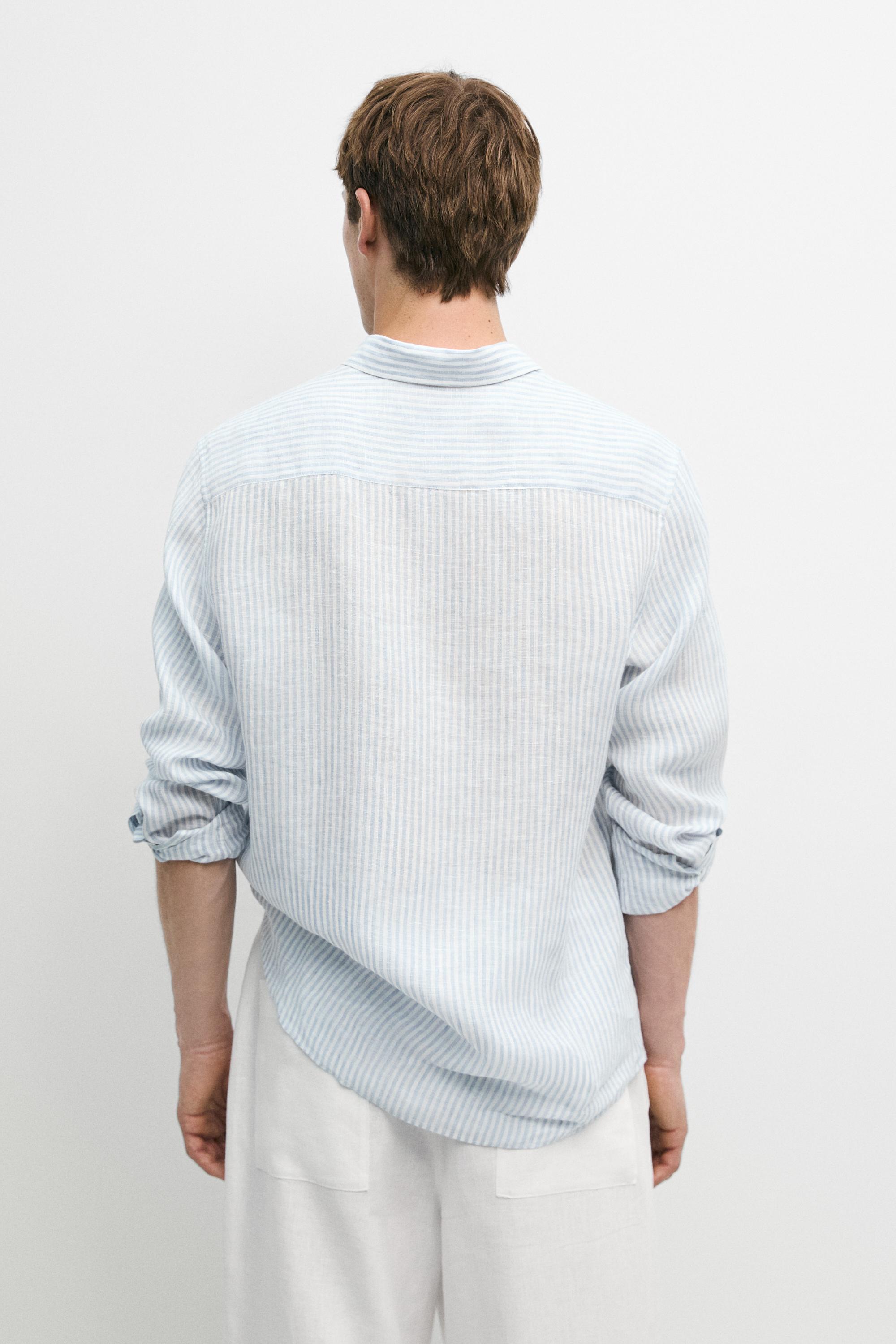 100% linen regular fit striped shirt — Sky blue