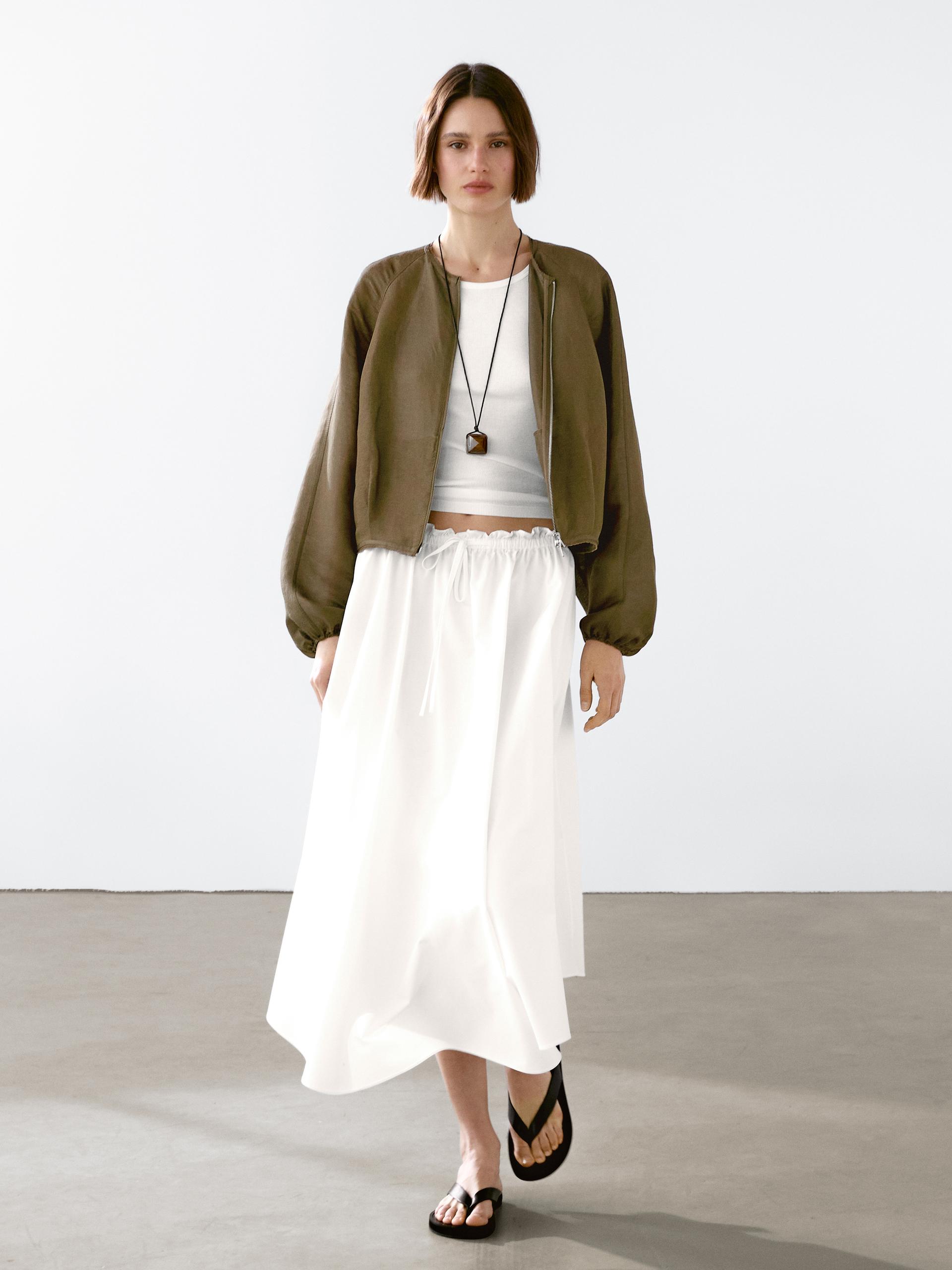 Massimo Dutti Frayed Linen And Silk Bomber Jacket In Green