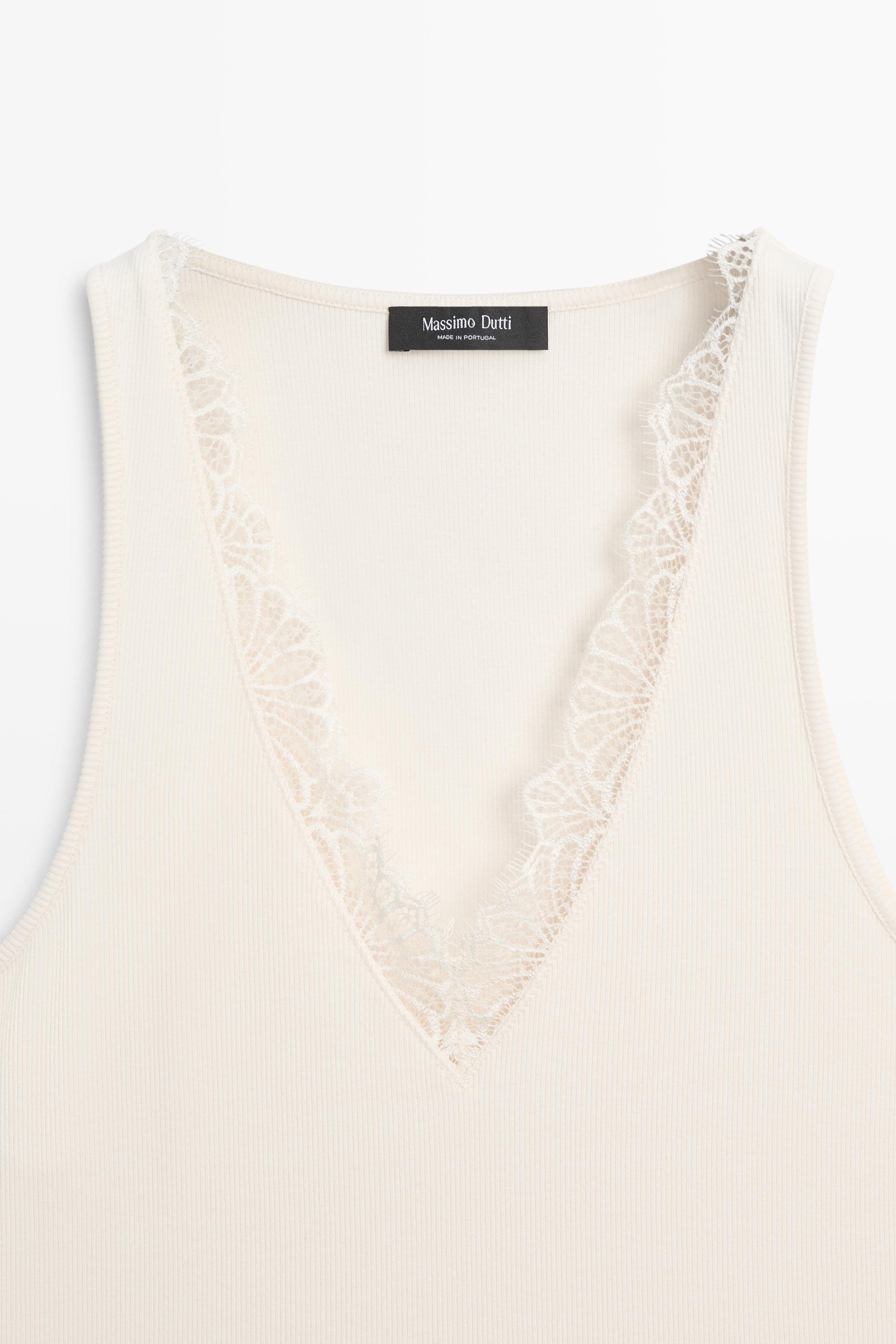 V-neck top with lace detail — CREAM