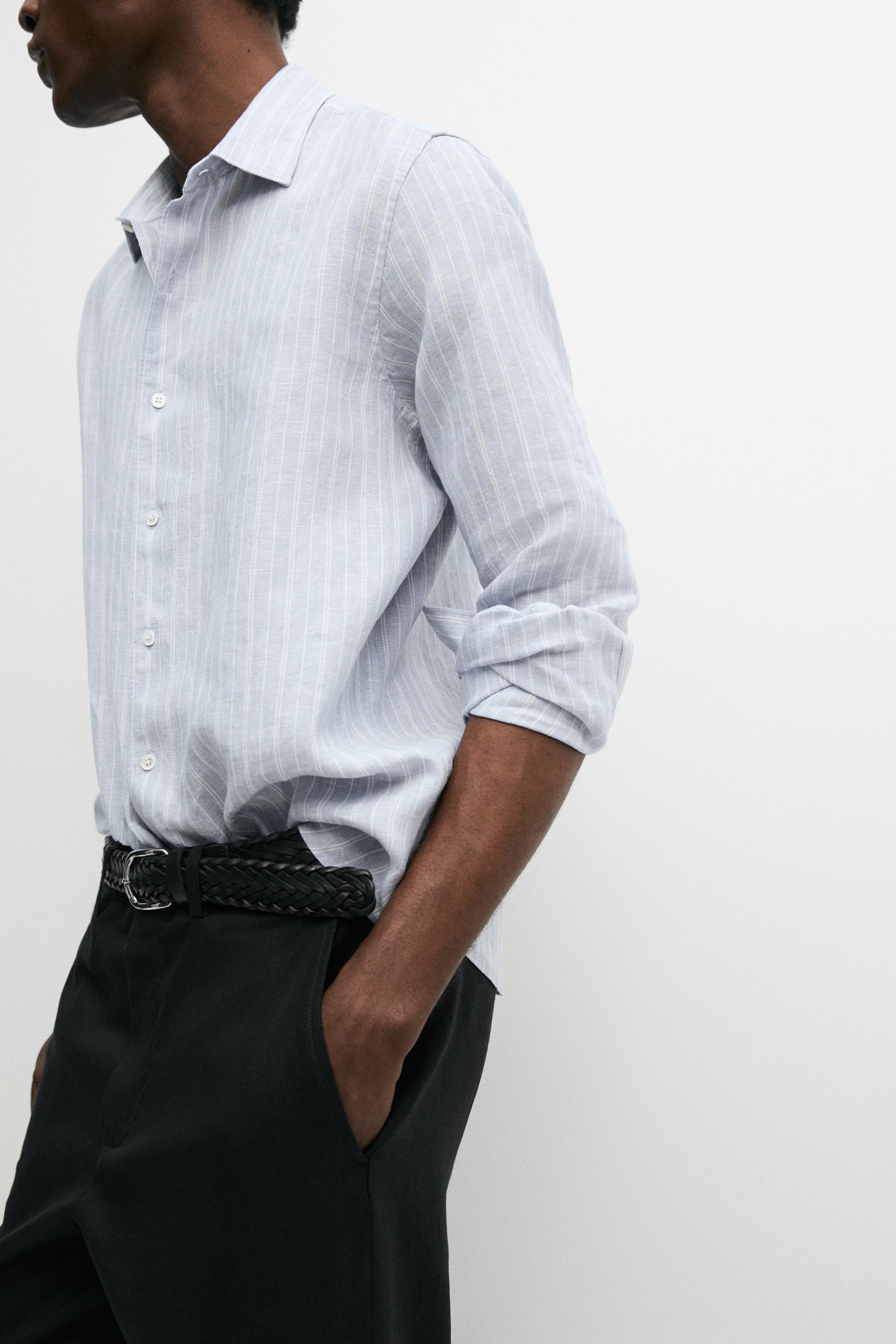100% linen regular fit faded striped shirt — BLUE