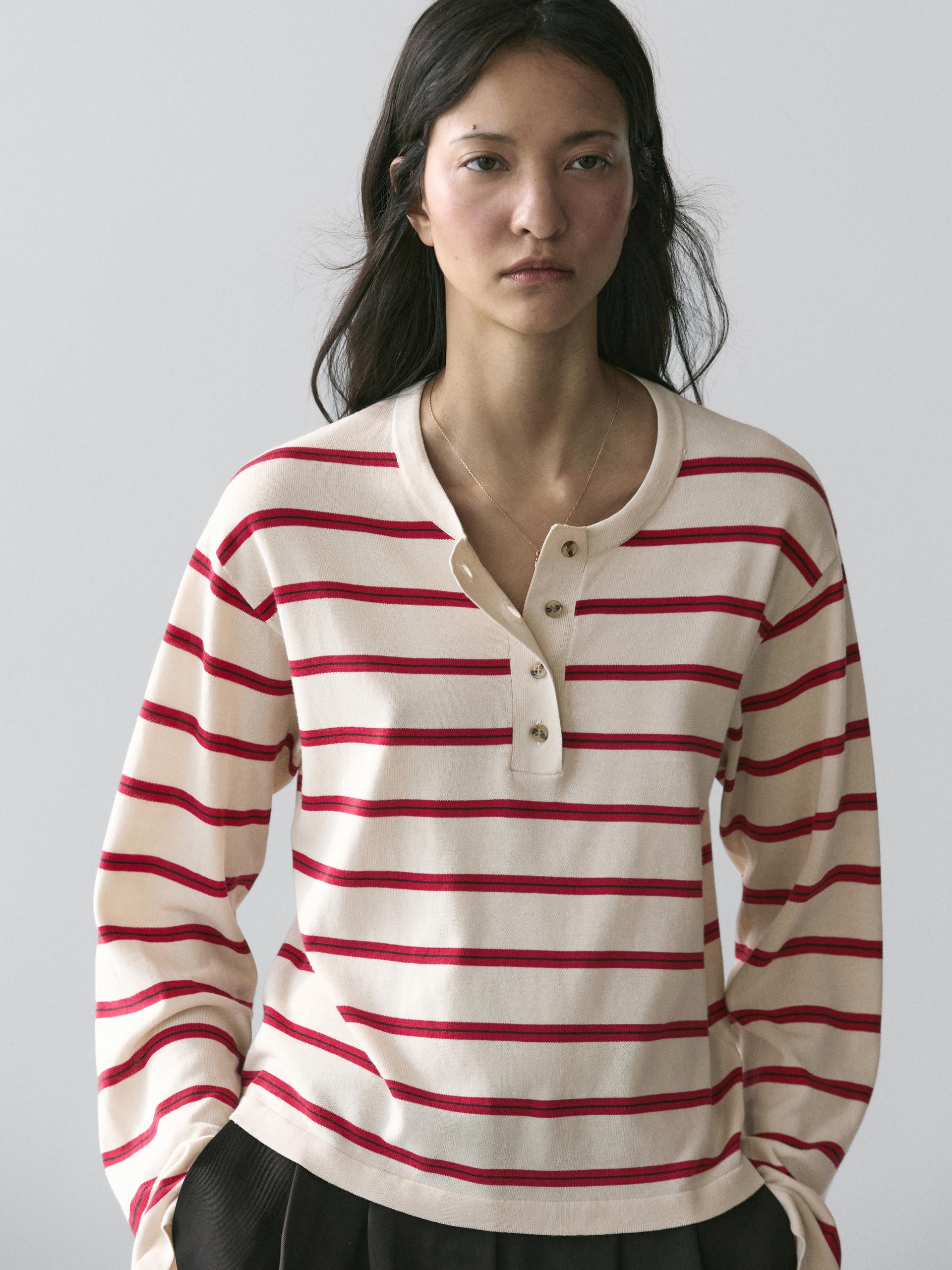Pullover In Maglia A Righe Con Collo Serafino In Cotone - Rosso - L - Massimo Dutti - Femminile