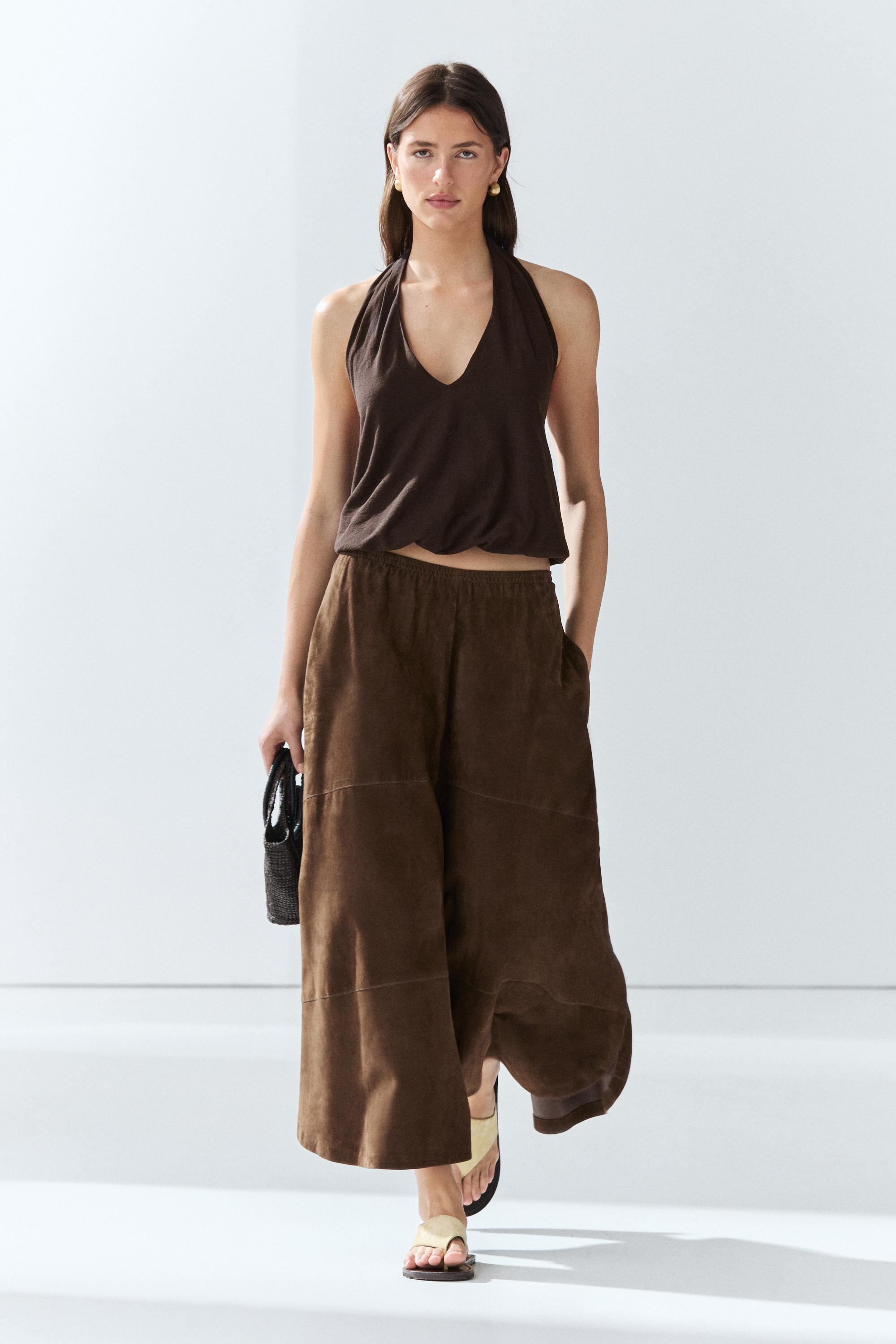 Suede leather midi skirt — BROWN