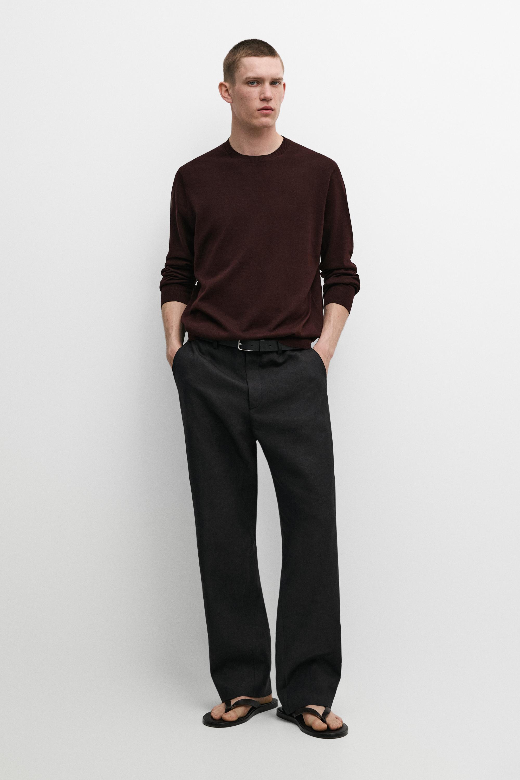 Knit 100% cotton crew neck sweater — BURGUNDY