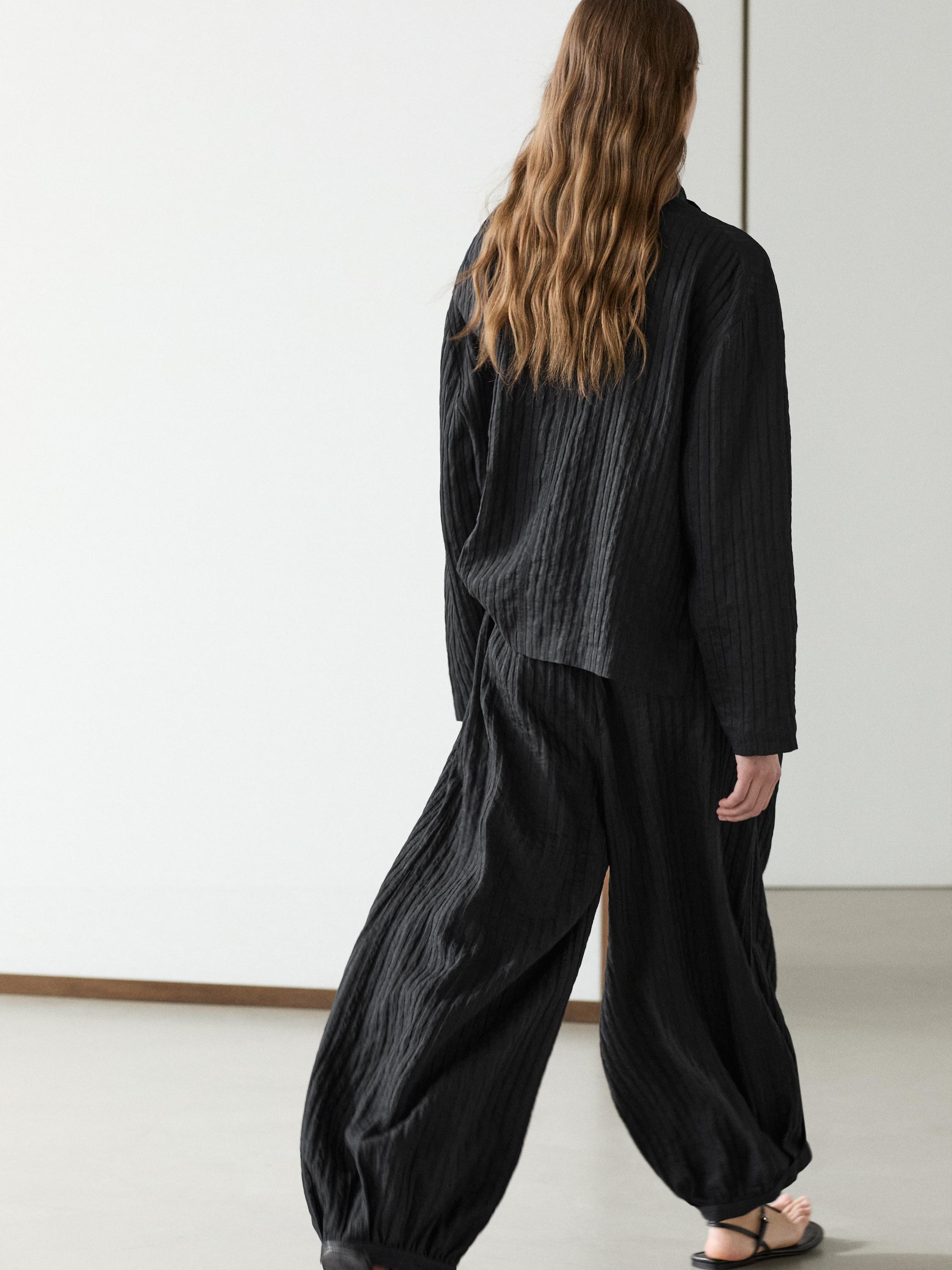 Striped flowing shirt with scarf detail — BLACK