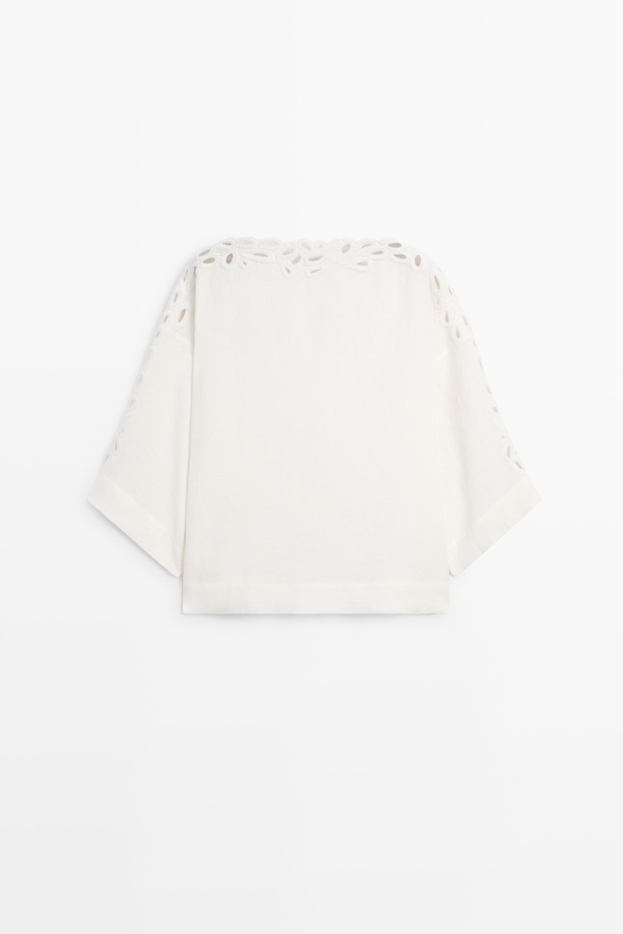 Linen boat neck blouse with embroidery — CREAM