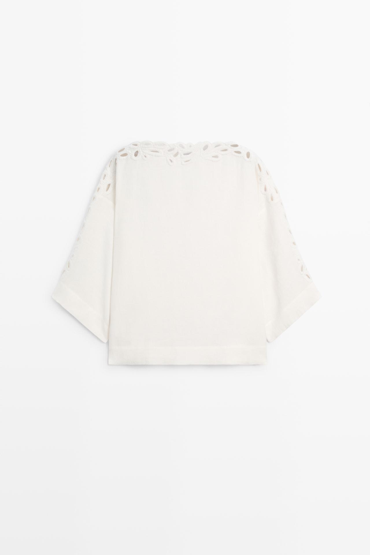 Linen boat neck blouse with embroidery — CREAM