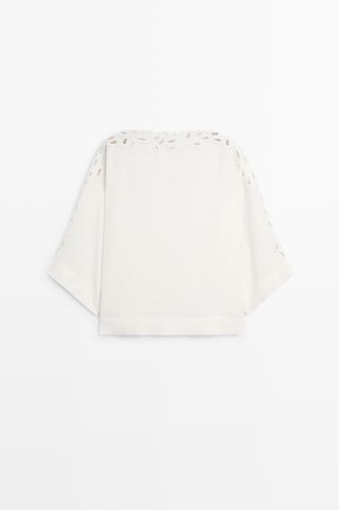 Linen boat neck blouse with embroidery — CREAM 6