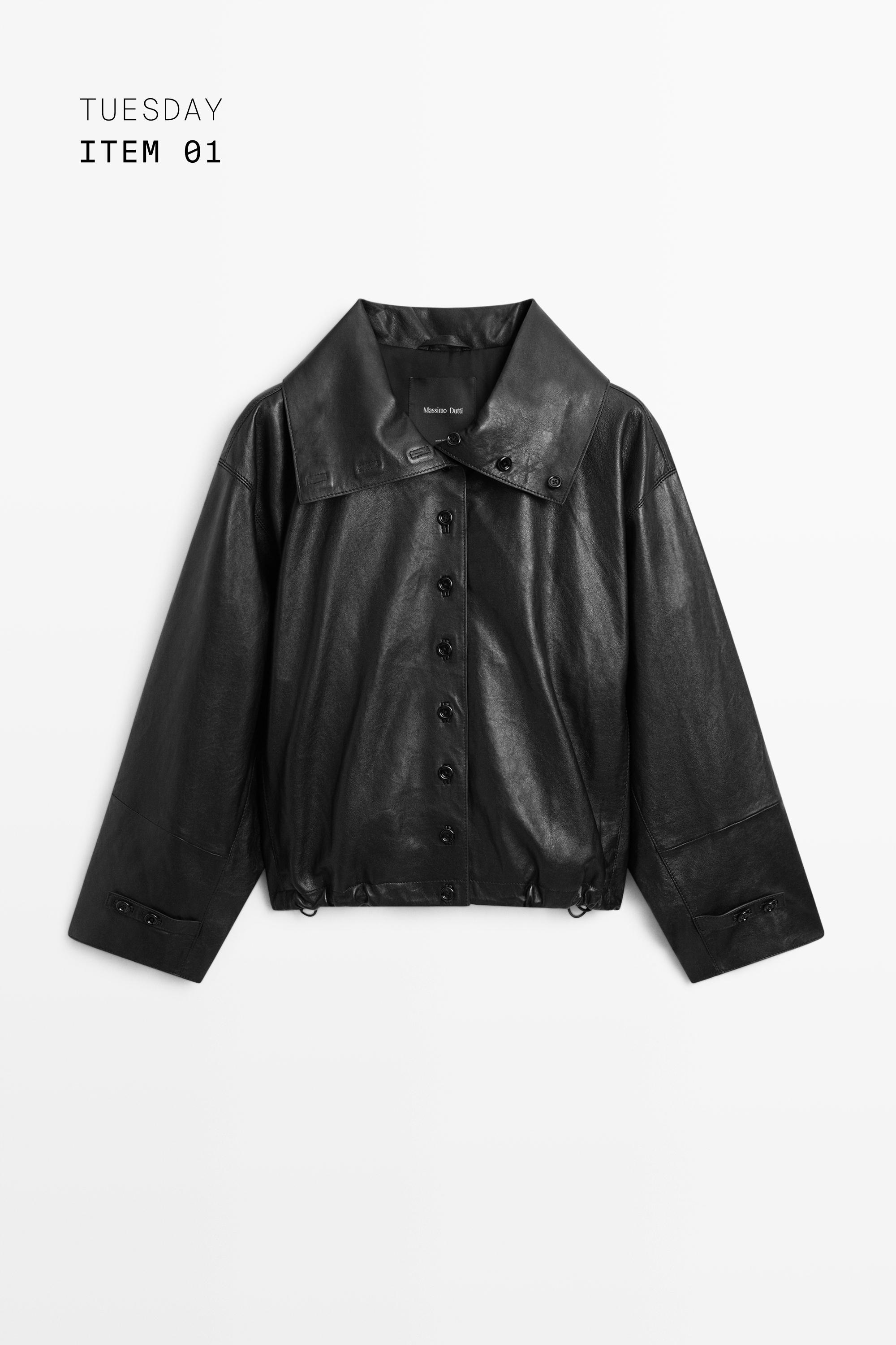 Nappa leather bomber jacket with button detail — BLACK