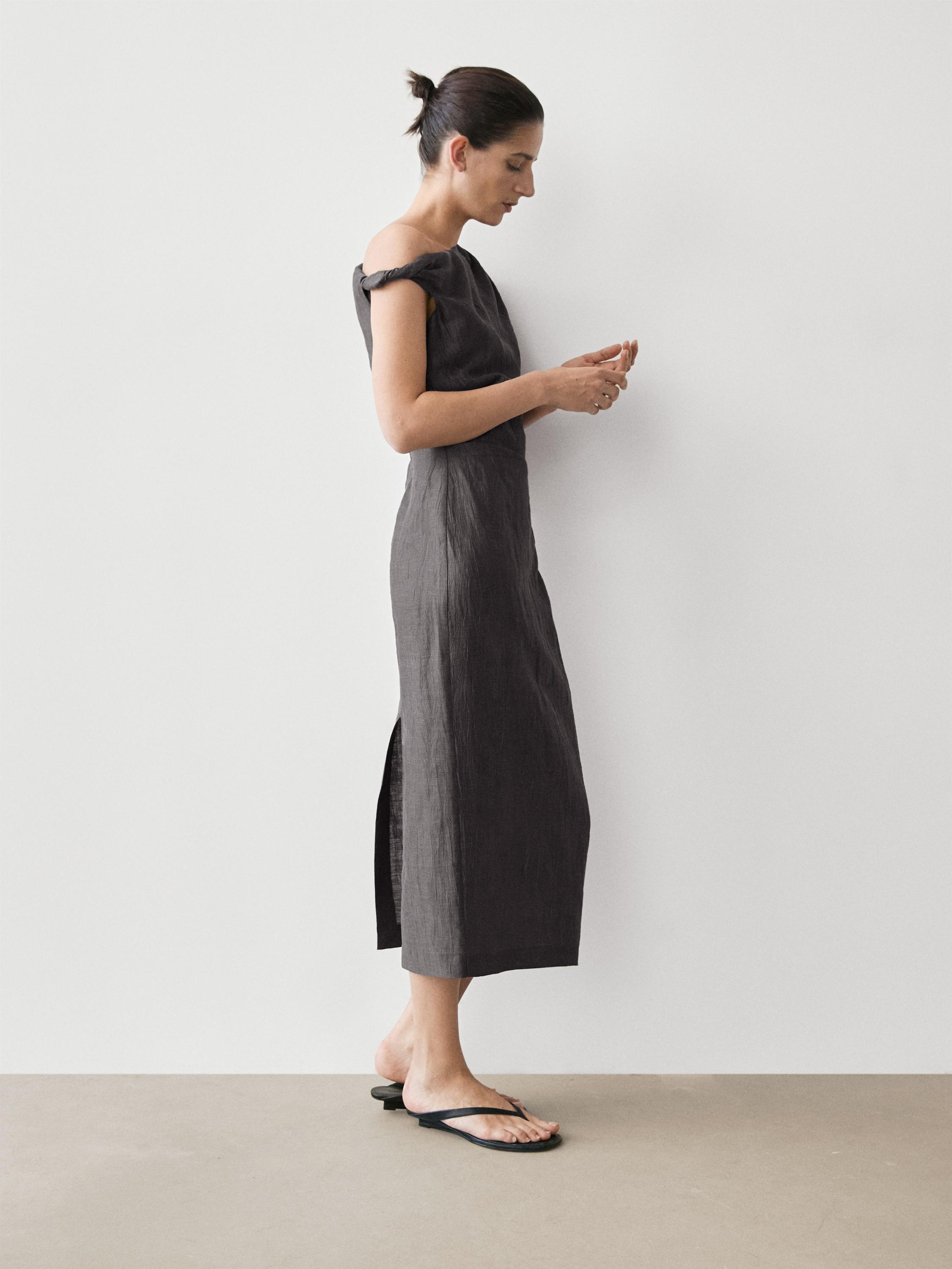 Midi dress with pleated shoulder detail — DARK GREY