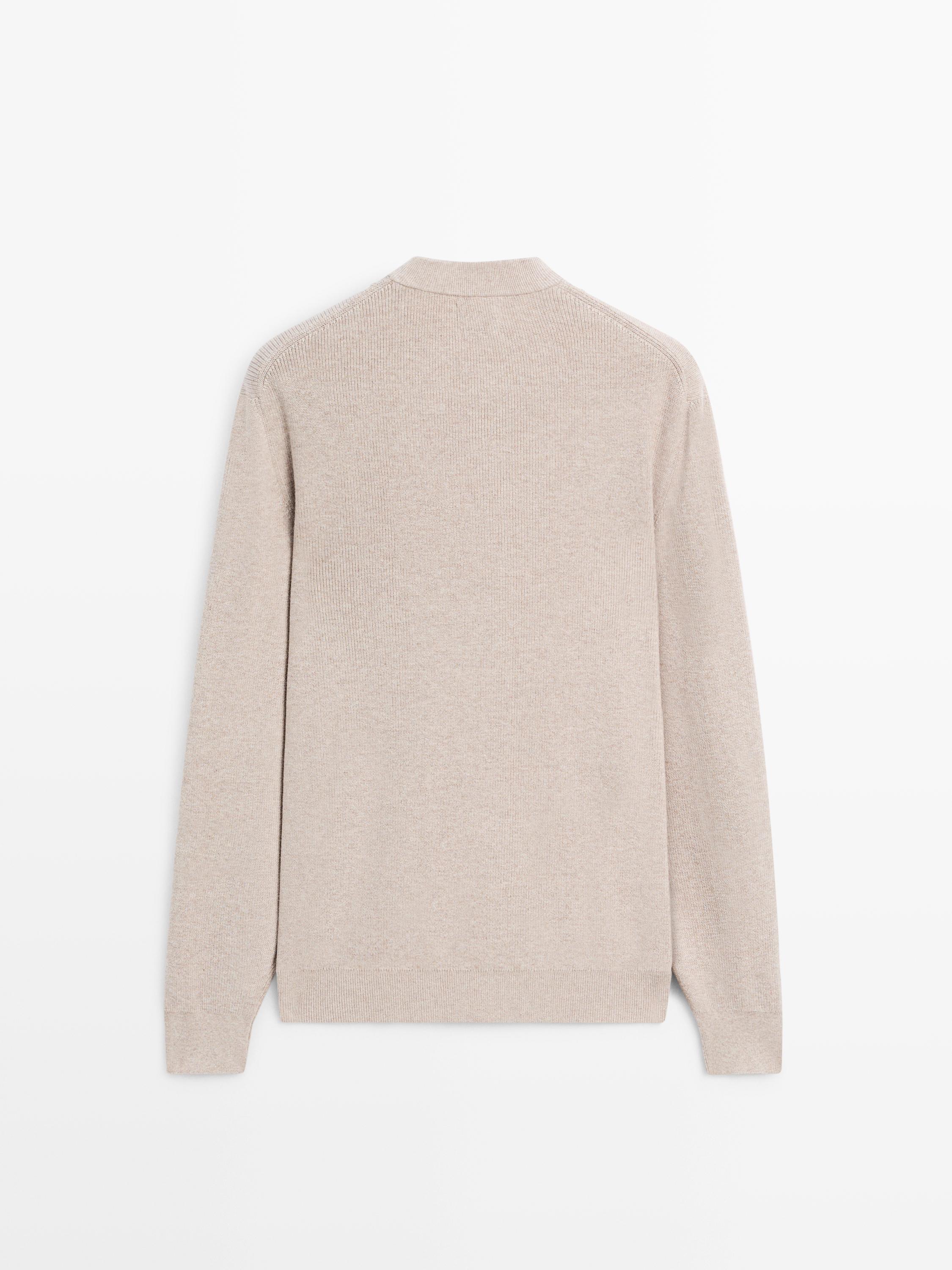 100% cotton knit henley sweater — BEIGE