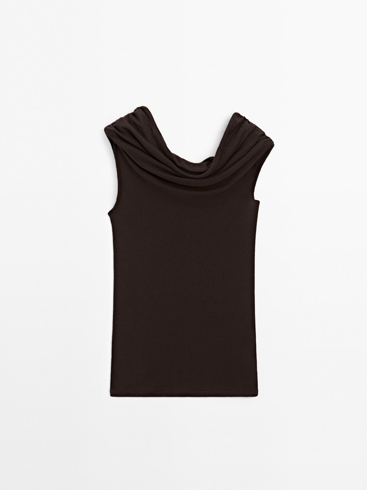 Massimo Dutti - Dames - 100% Katoenen Top Met Asymmetrische Halslijn - Bruin - L