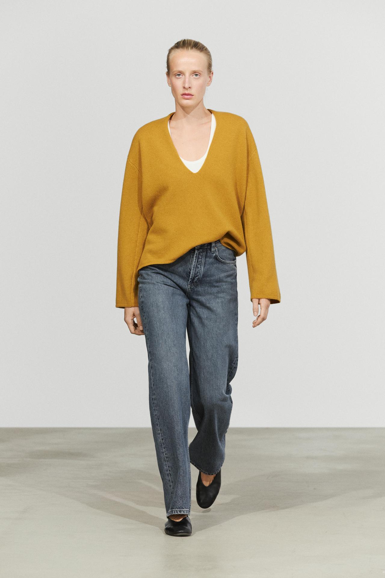 Long-line knit sweater with neckline detail — MUSTARD YELLOW