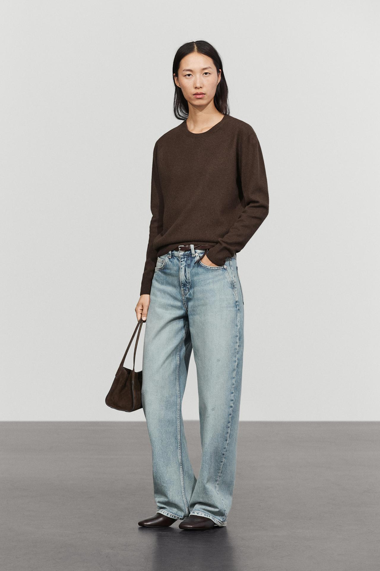 Wool blend crew neck knit sweater — BROWN MARL