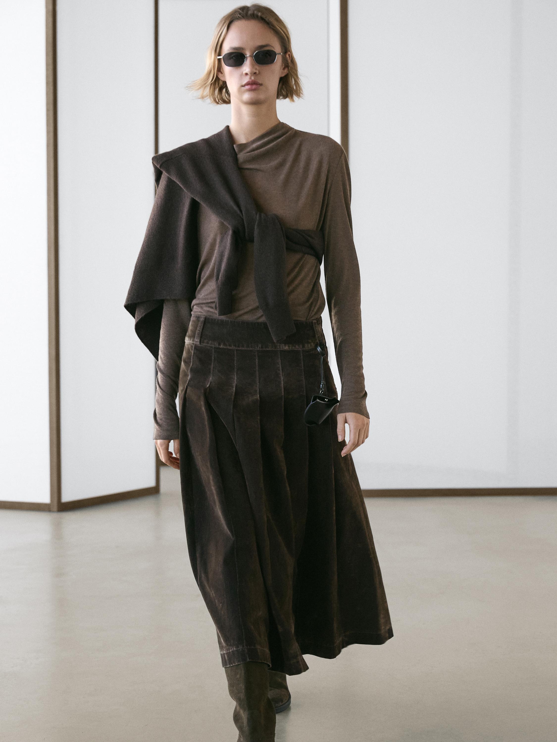 Gonna midi in denim flock a pieghe