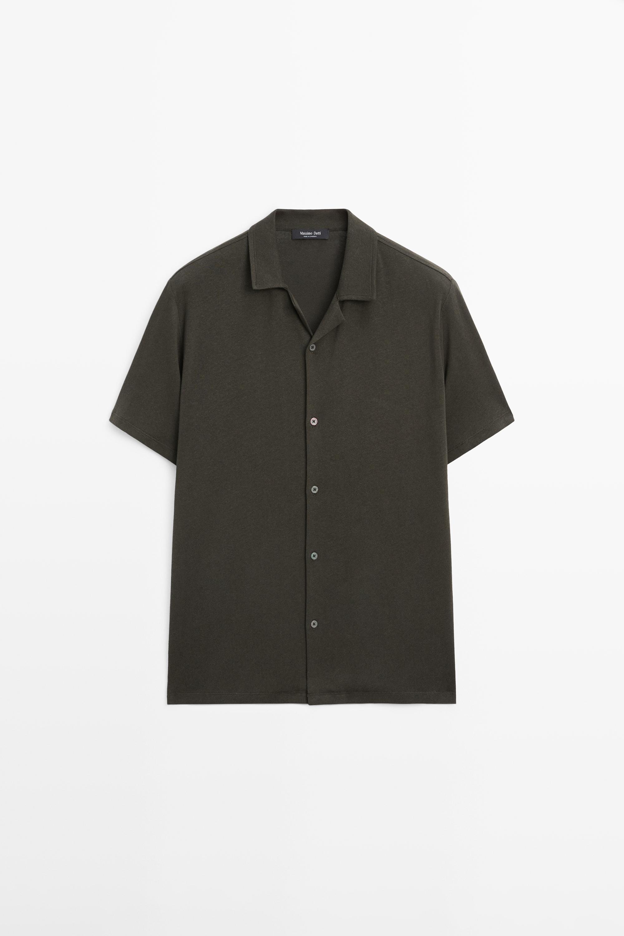 Regular fit short sleeve linen-cotton blend shirt — KHAKI
