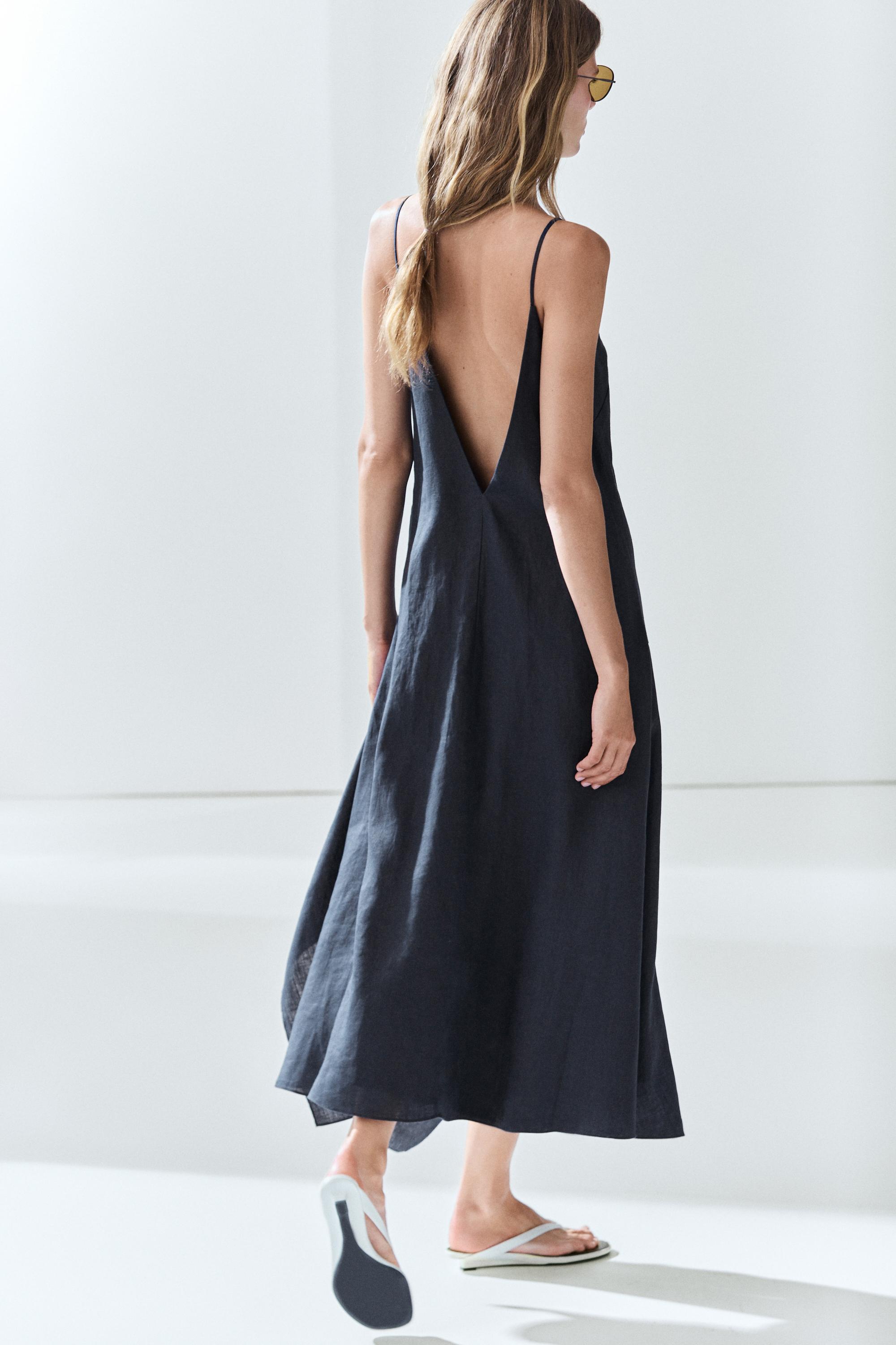 100% linen asymmetric midi dress — BLUE