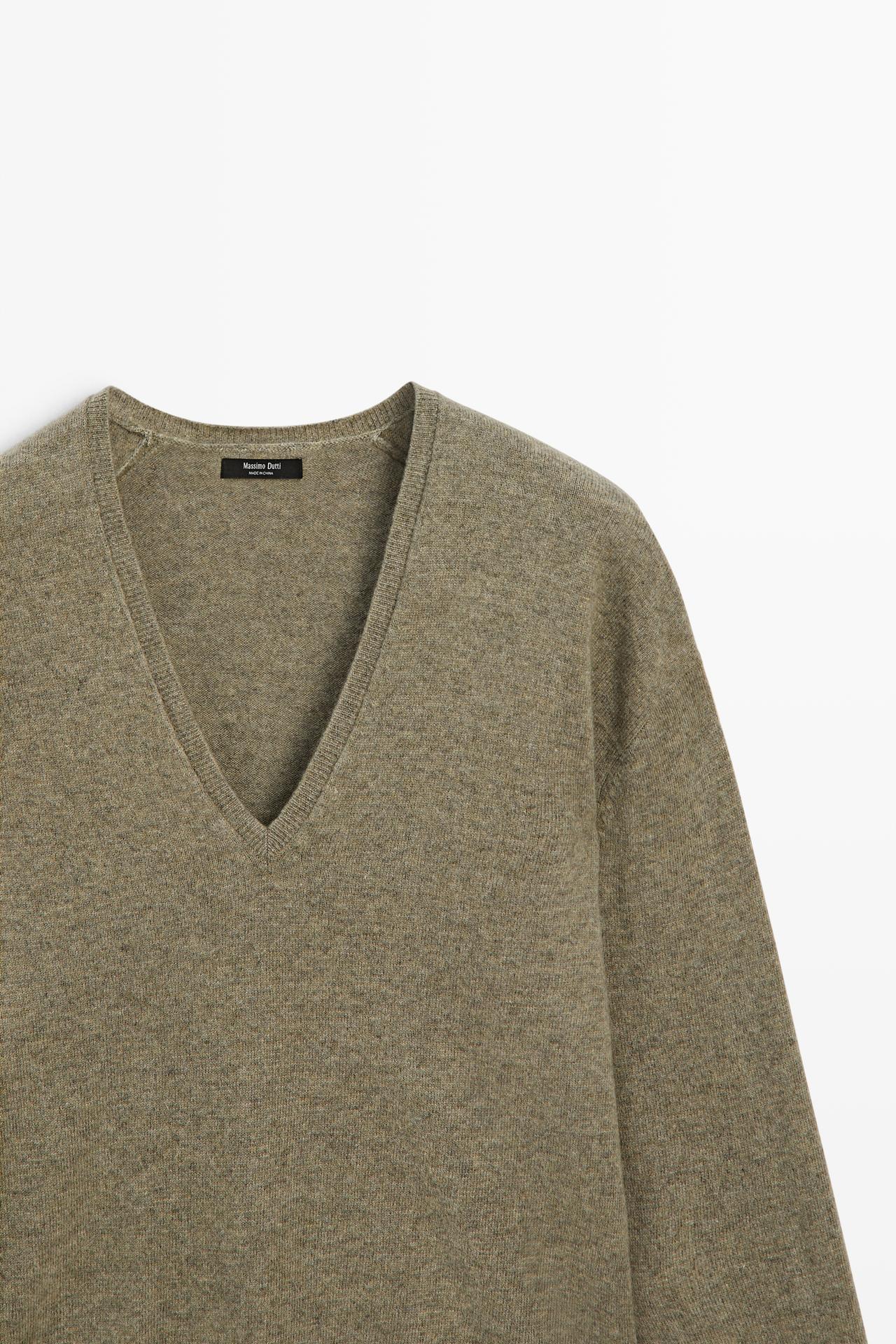 Wool blend knit V-neck sweater — GREEN MARL