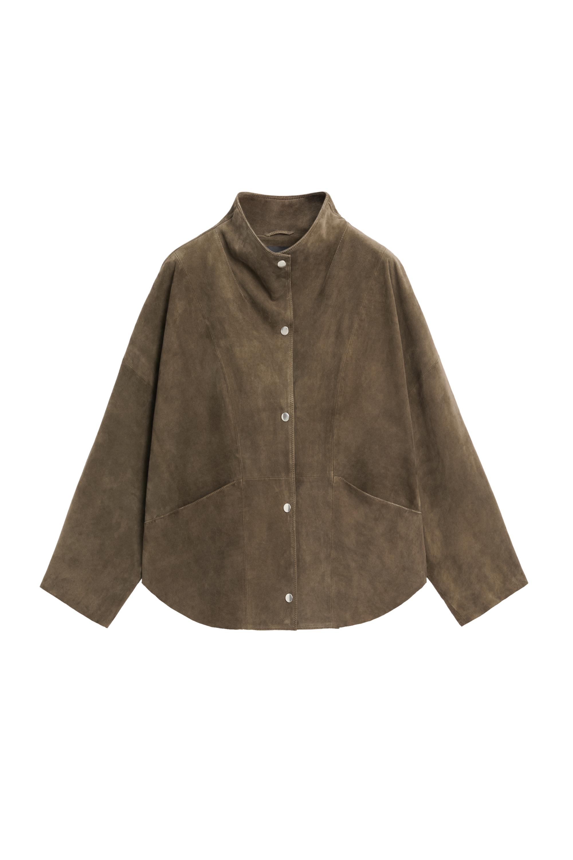 Short suede leather jacket with buttons · Khaki · Leatherâ