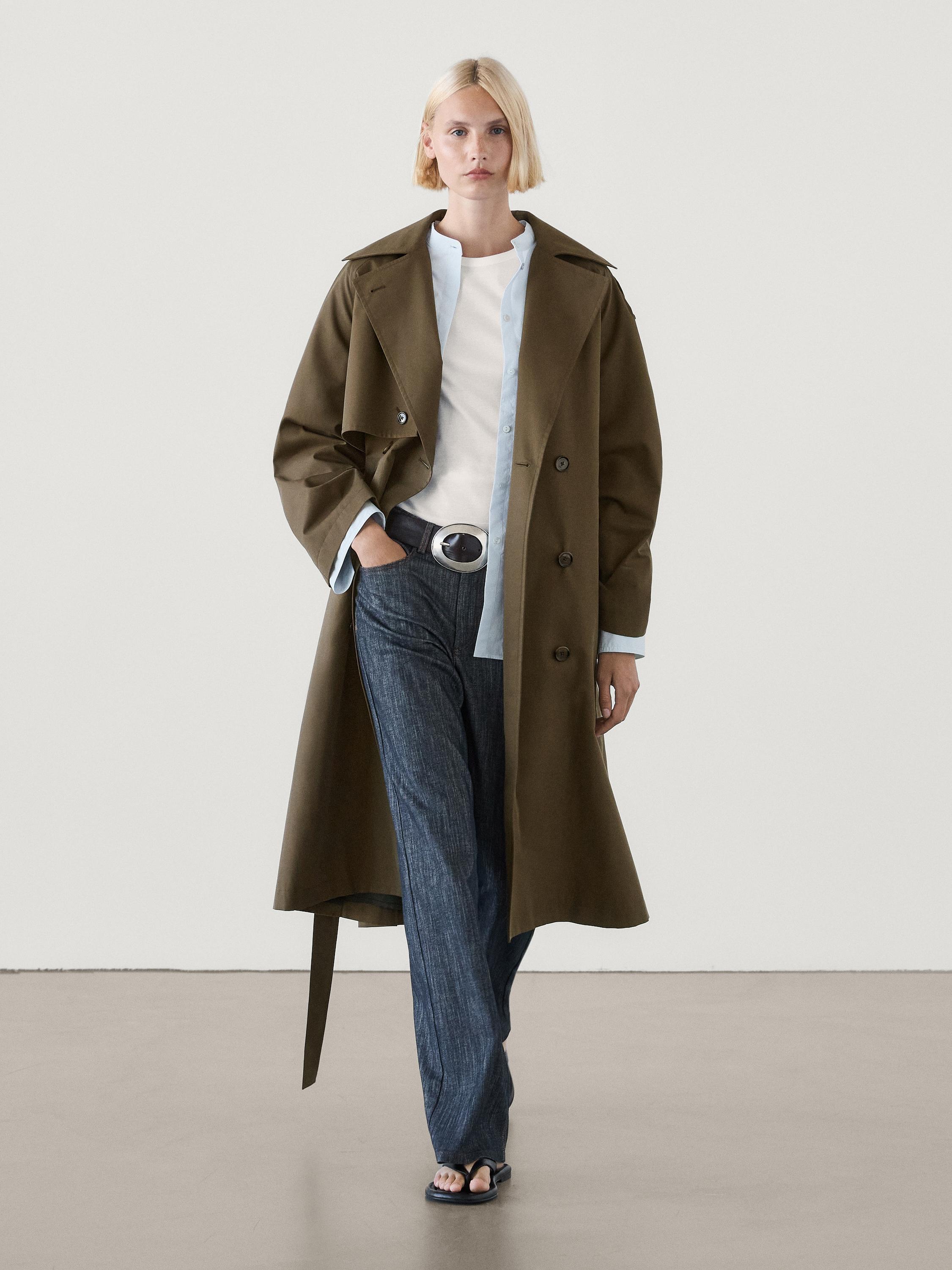 Trench en coton melange avec laniere sur les epaules Marron Manteaux Et Vestes Massimo Dutti