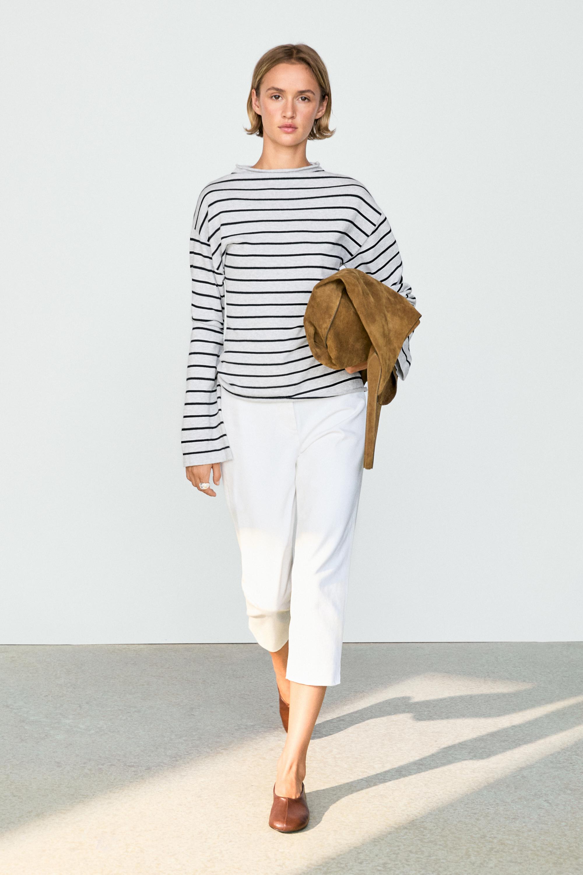 100% cotton striped knit sweater — GREY MARL
