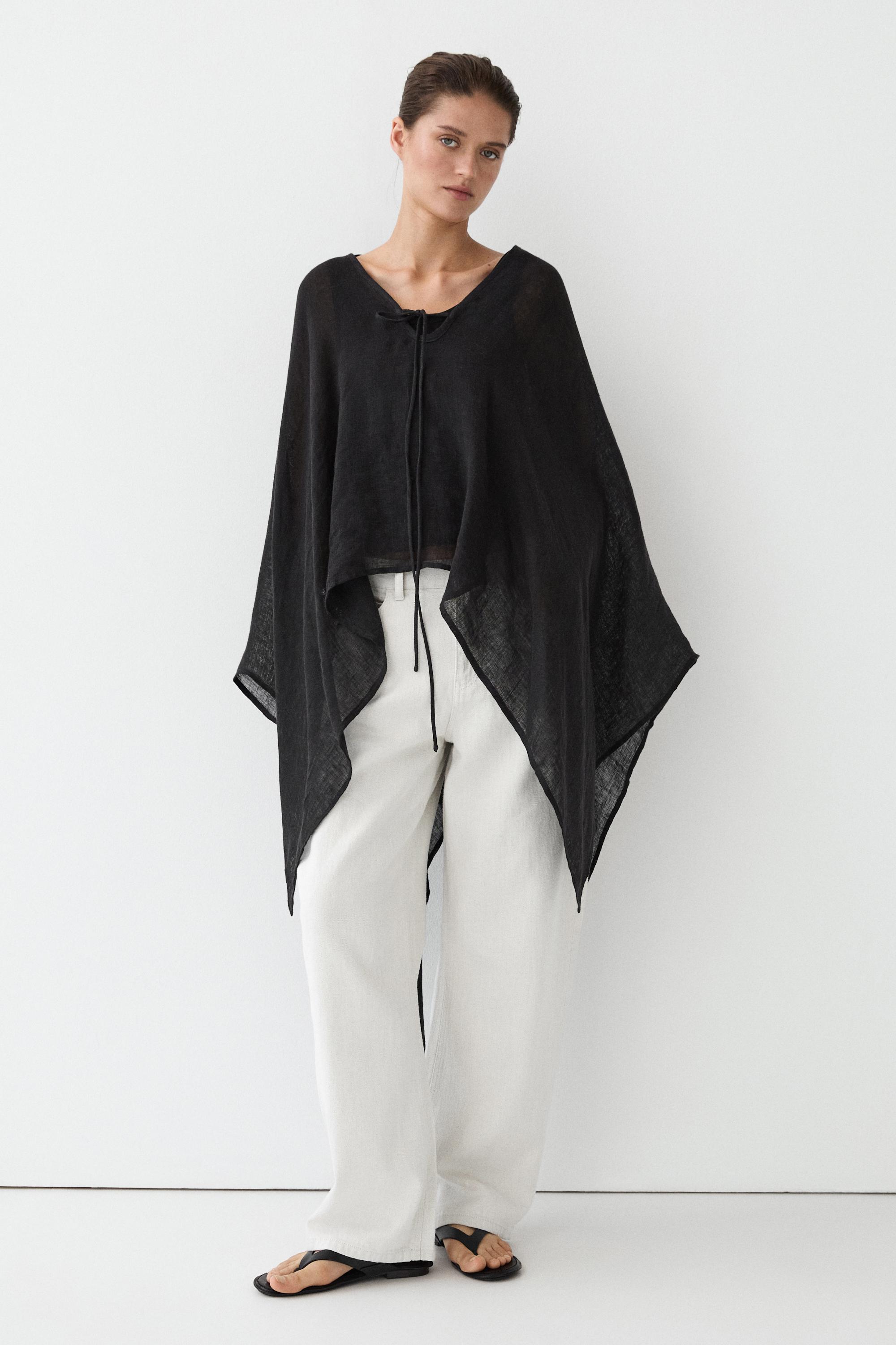 100% linen cape with tie details — BLACK