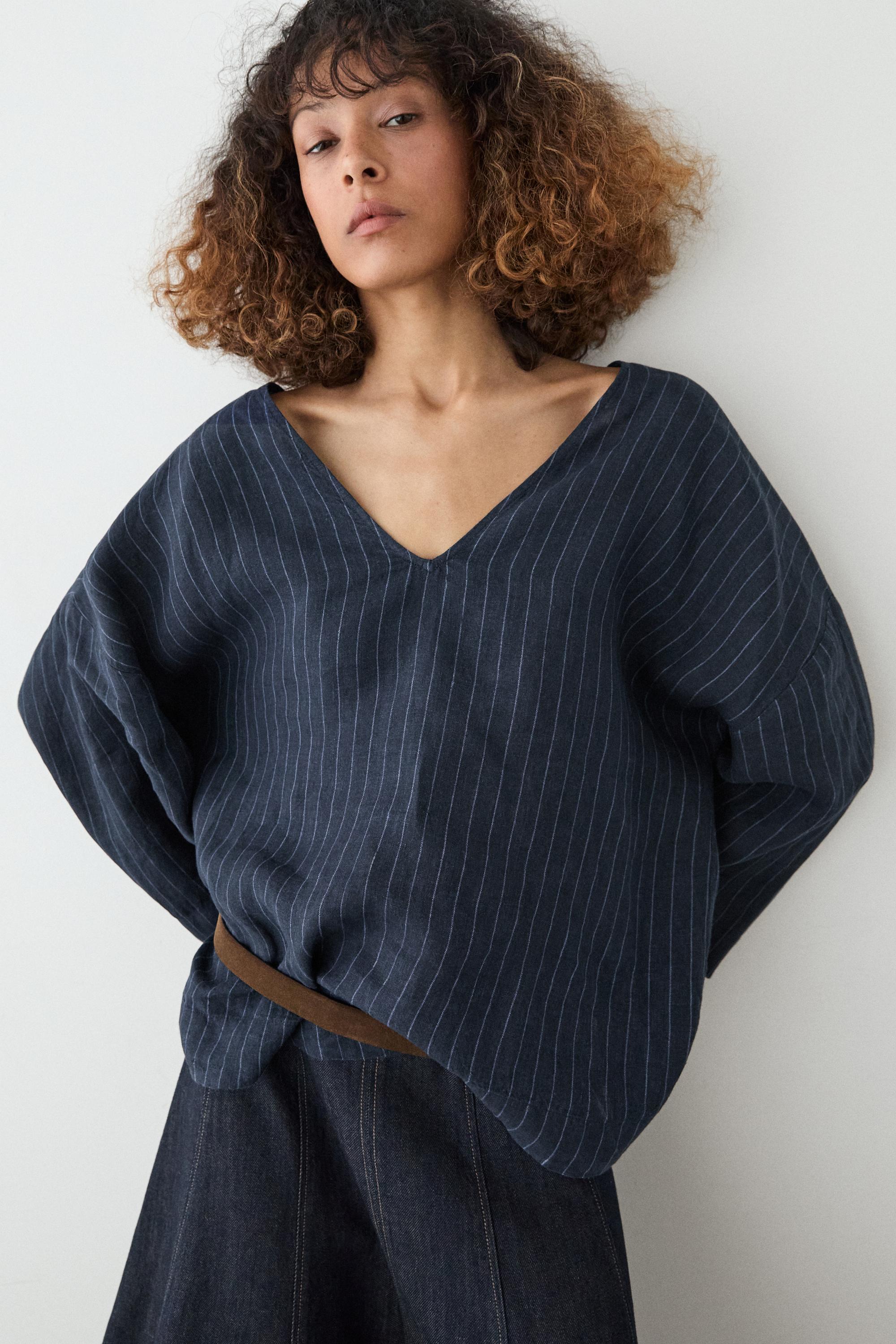 Striped linen blouse with back detail — DARK BLUE