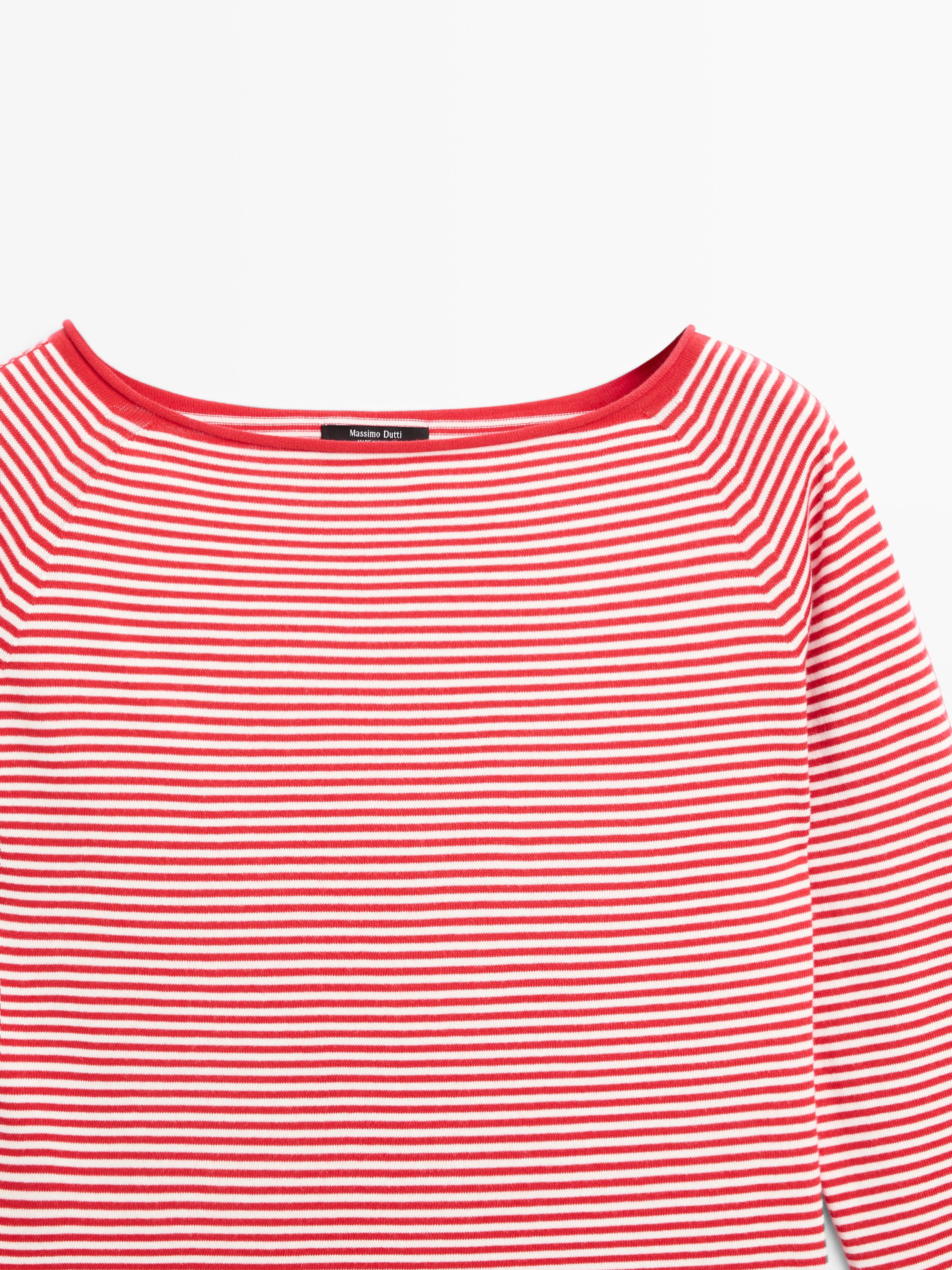 100% cotton striped knit sweater — RED