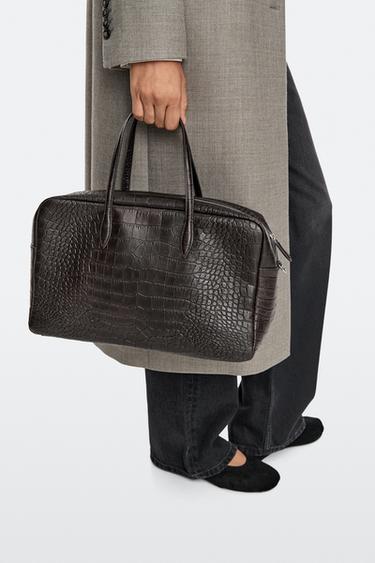 Medium leather textured duffle bag — BROWN 8
