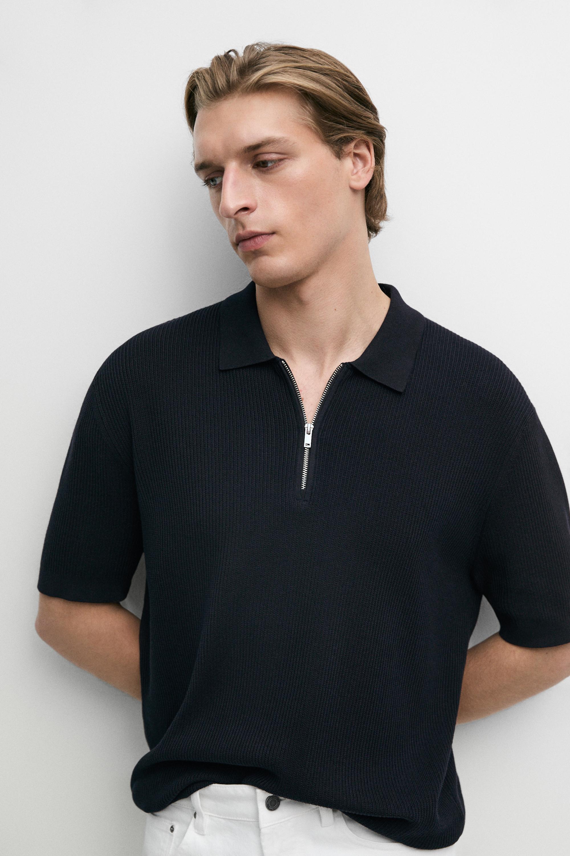 Knit polo sweater with quarter-zip collar — NAVY BLUE