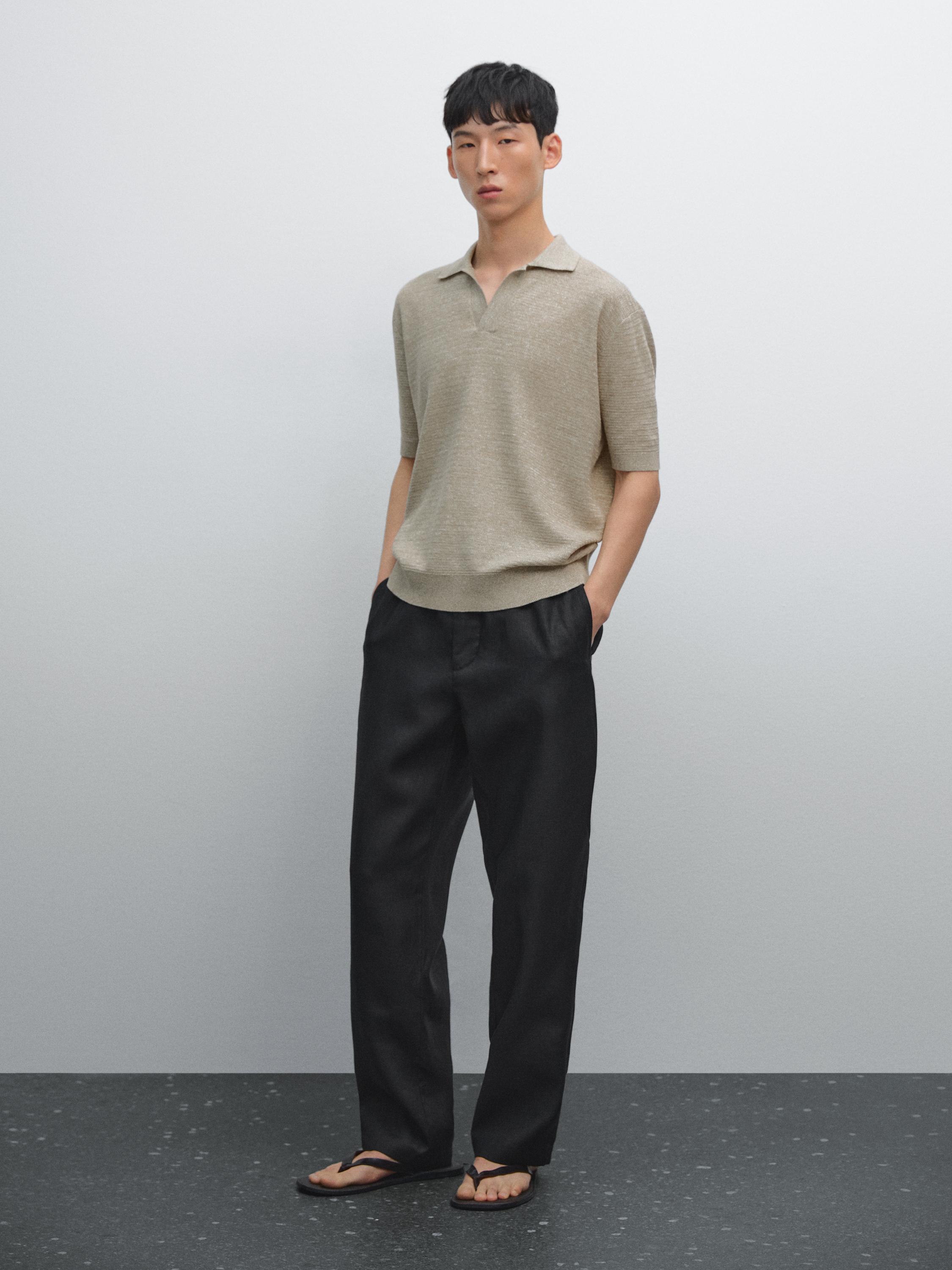 Linen and cotton knit polo shirt