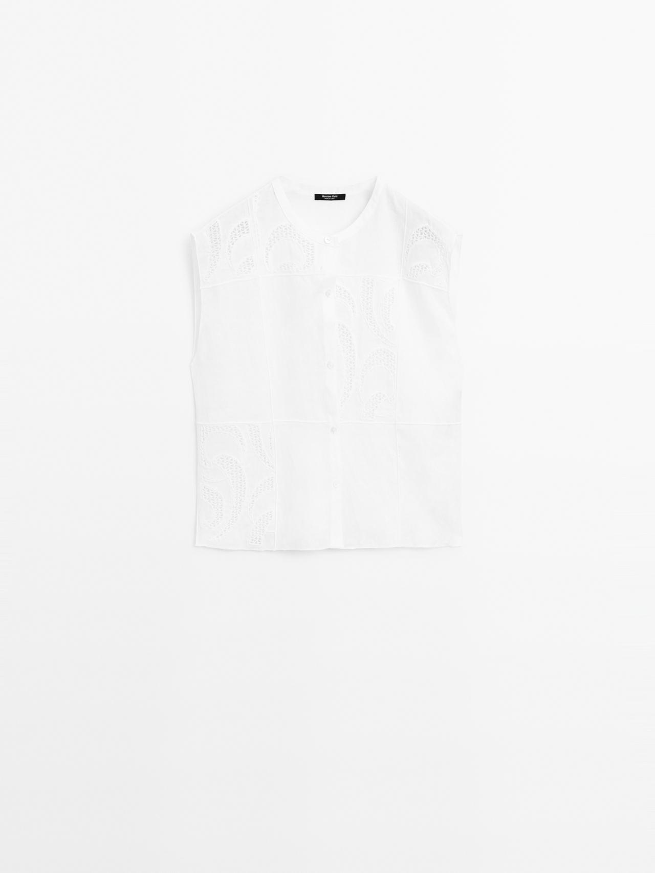 Massimo Dutti - Dame - Bluse I Hørblanding Med Hæklede Detaljer - Hvid - Xs