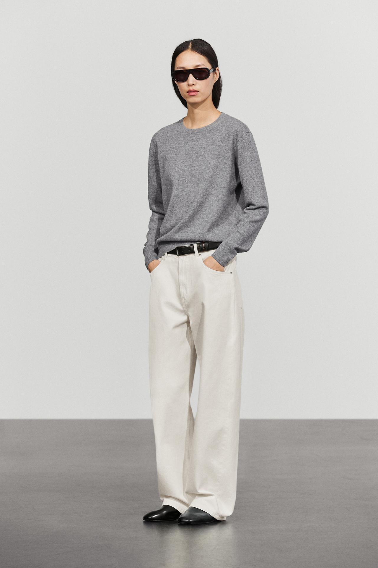 Wool blend crew neck knit sweater — GREY MARL