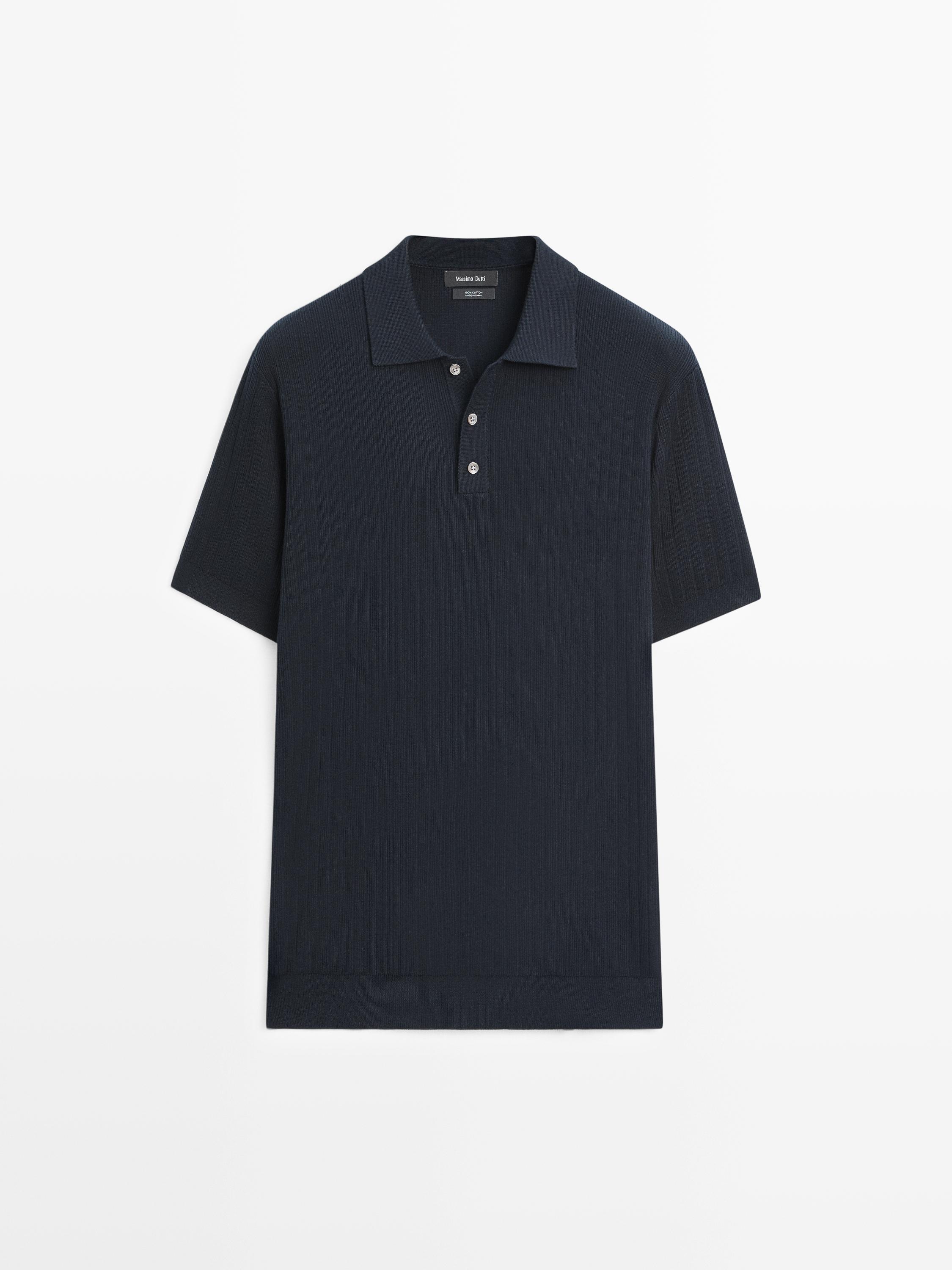 Ribbed knit cotton polo shirt — NAVY BLUE