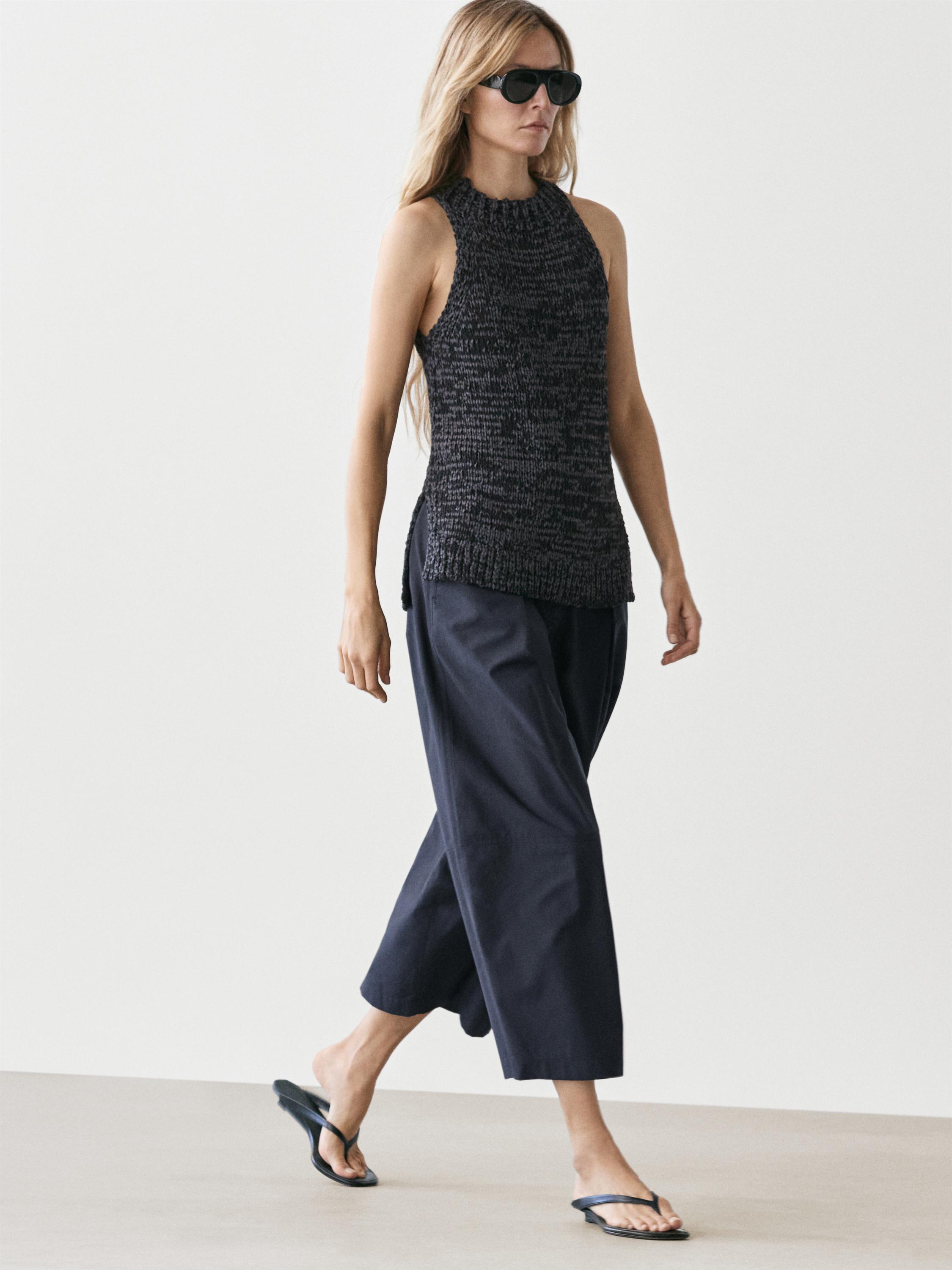 Cotton blend wide-leg trousers