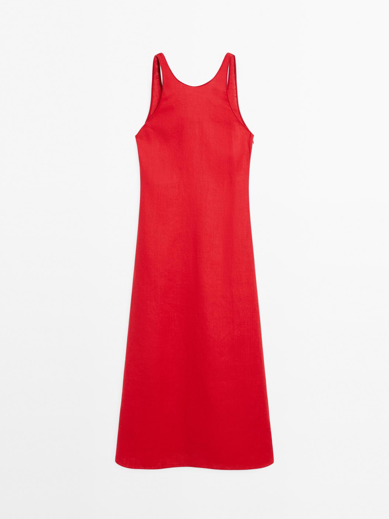 Massimo Dutti - Dame - Midikjole I 100 % Hør Med Rund Hals - Rød - 40