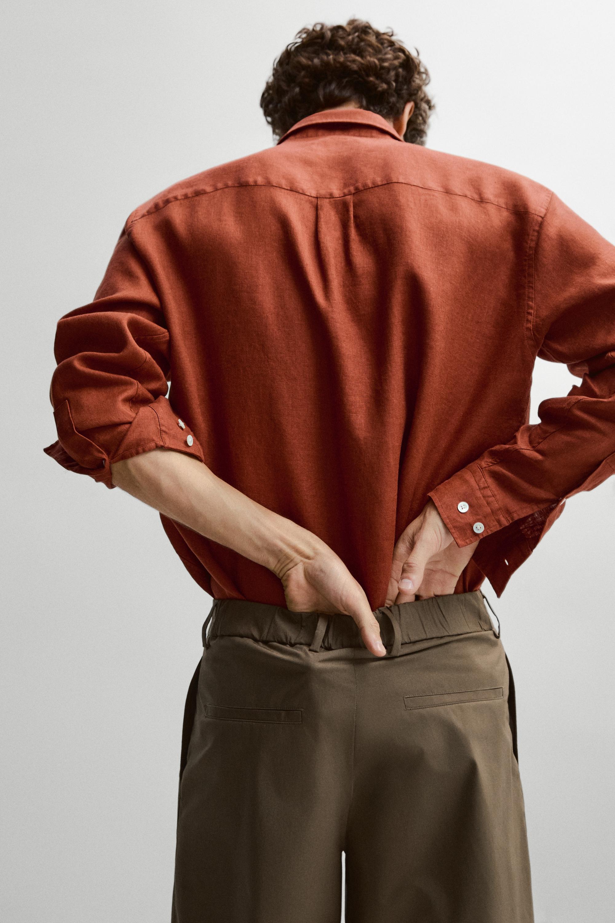 Regular fit 100% linen shirt with pocket detail — BURNT ORANGE