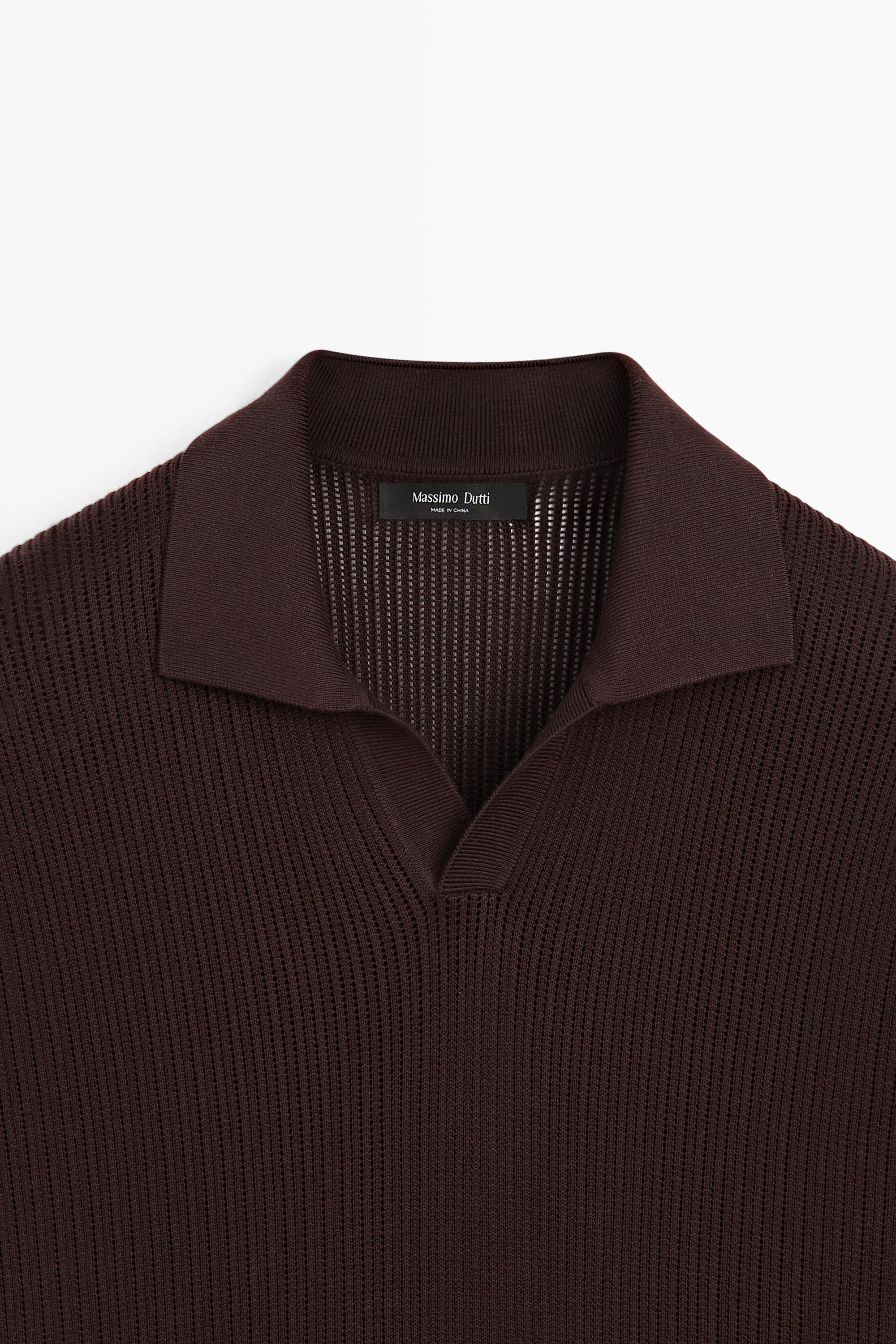 Cotton-blend V-neck knit polo shirt — BURGUNDY (alternate view)