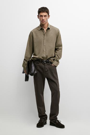 100% cotton regular fit melange twill shirt — GREEN 1
