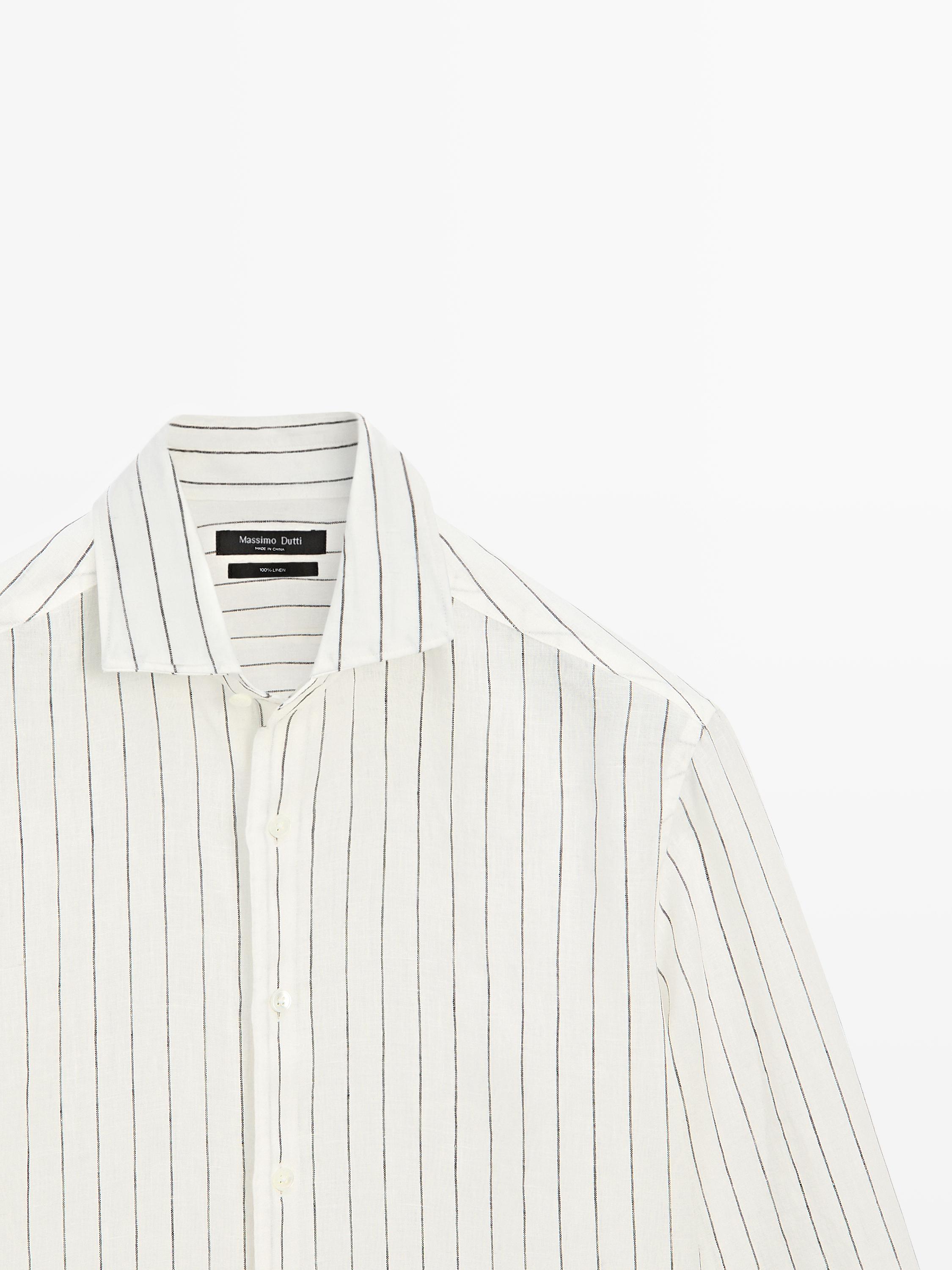 100% linen slim fit striped shirt — Off white