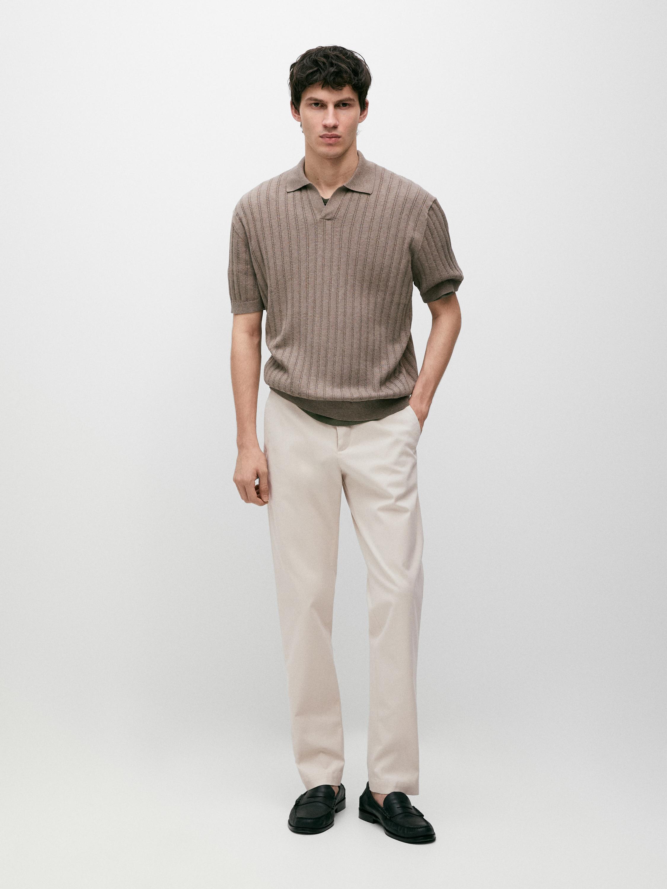 Cotton blend tapered fit trousers — BEIGE