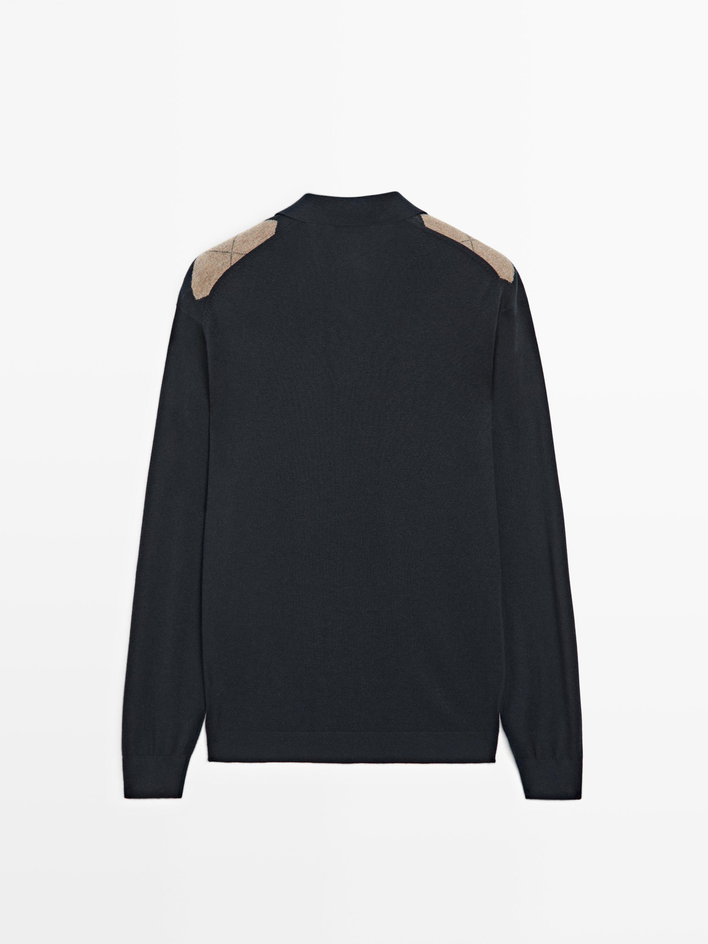 Wool blend argyle knit polo sweater — NAVY BLUE