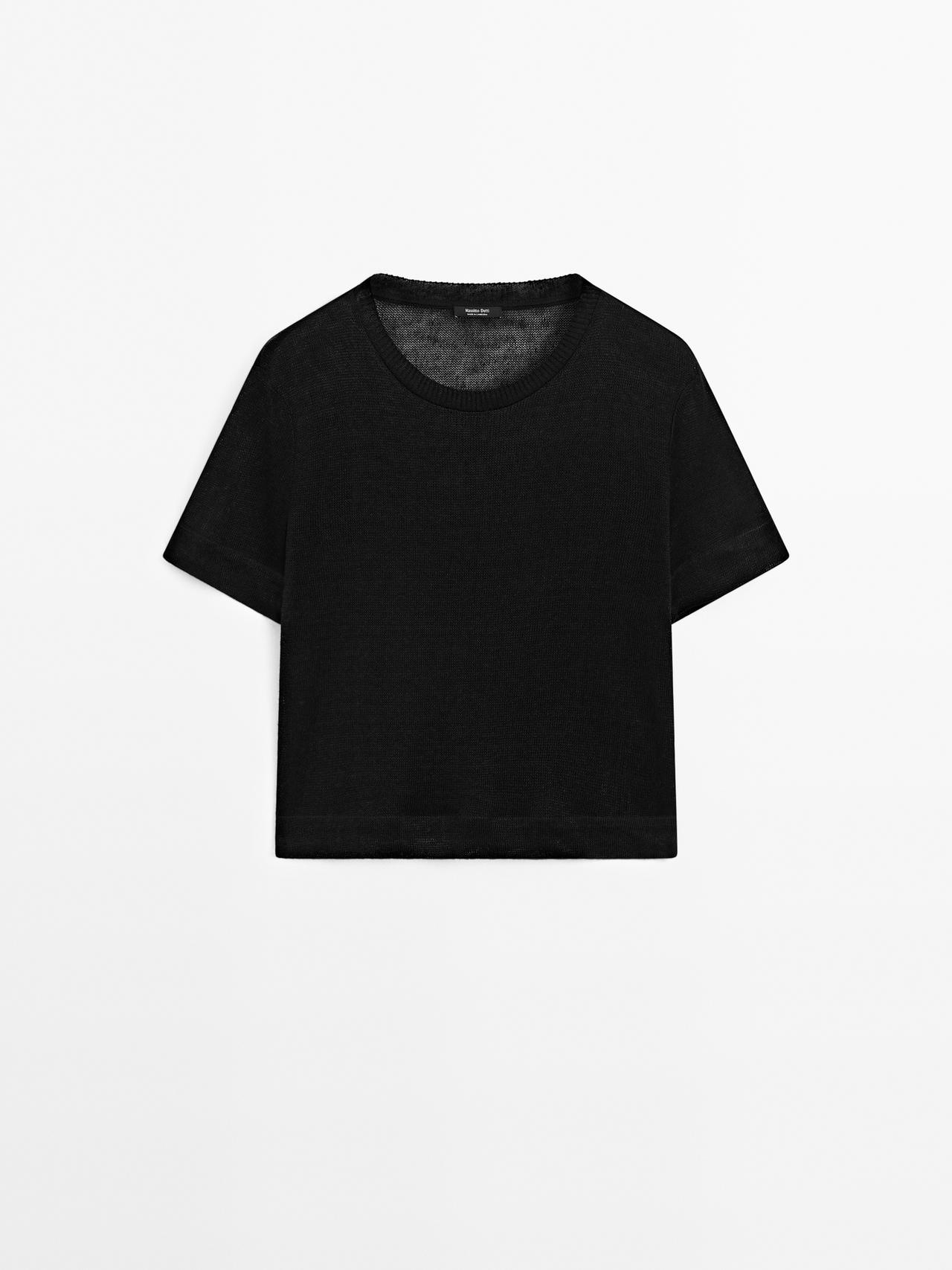 Massimo Dutti - Dame - T-Shirt I 100% Hør Med Hulmønster - Sort - L