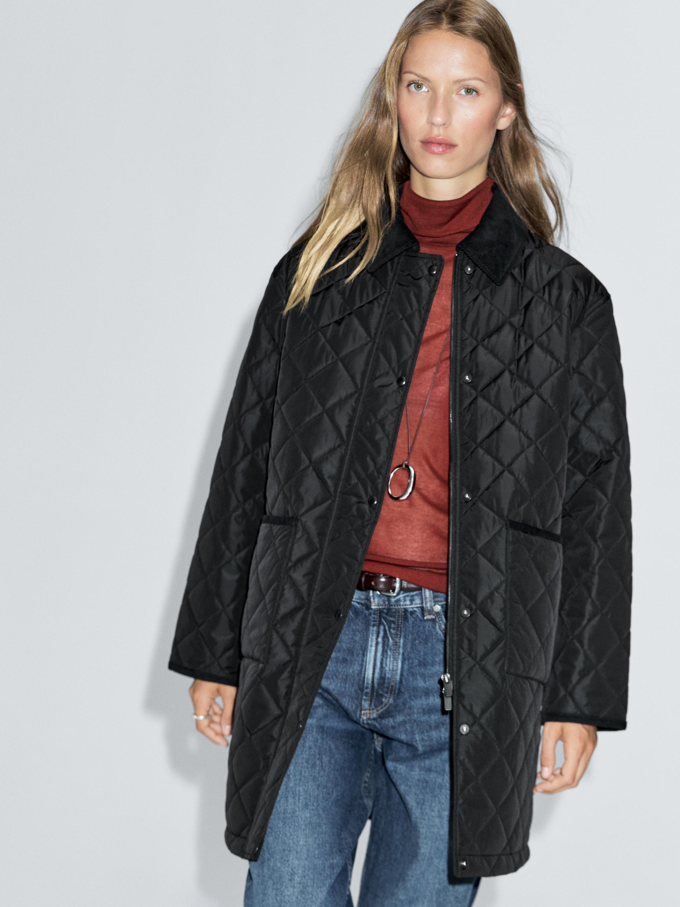 Long lightweight puffer jacket with corduroy detail
