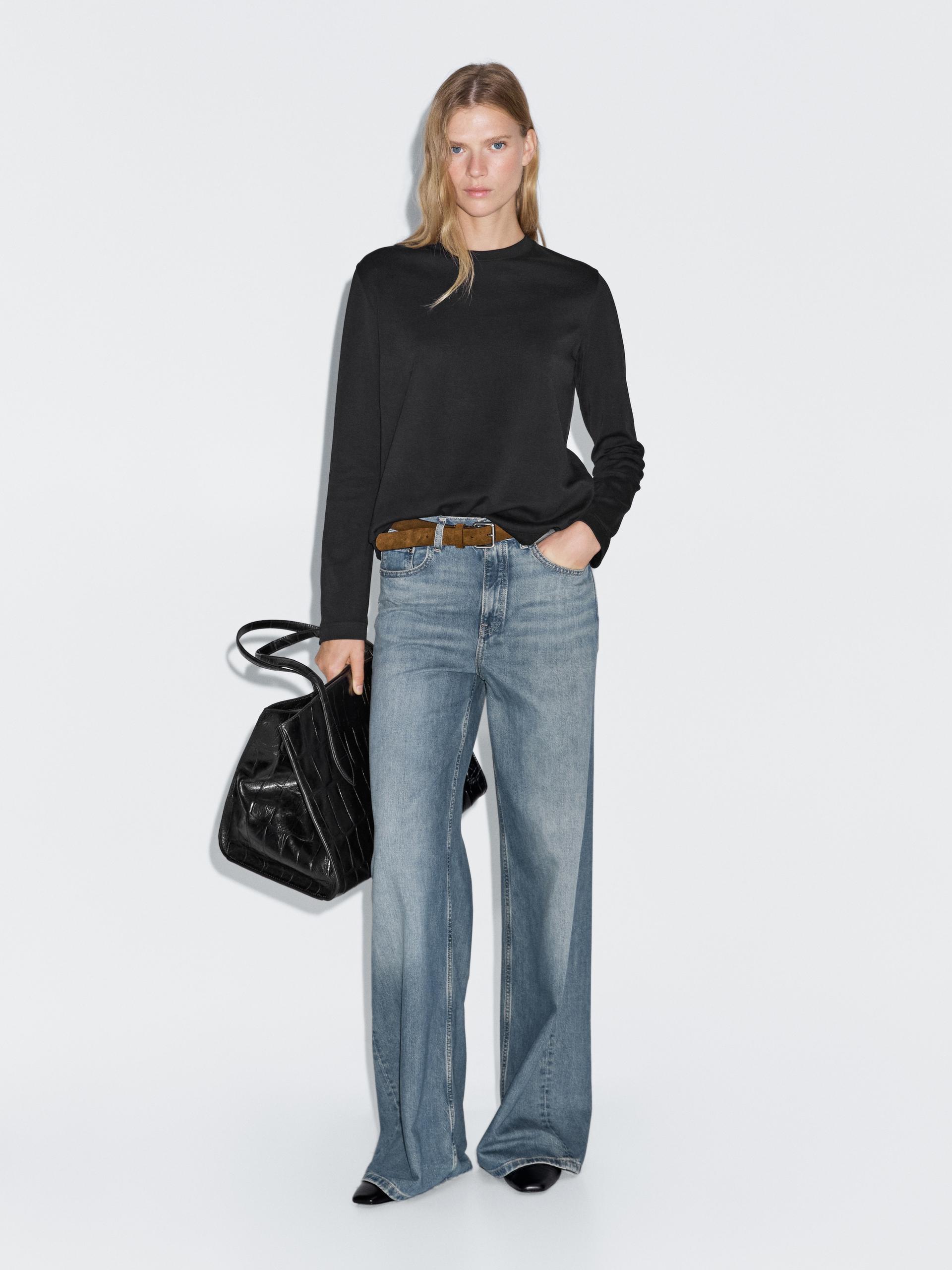 Maglietta A Maniche Lunghe Interlock 100% Cotone - Nero - M - Massimo Dutti - Femminile