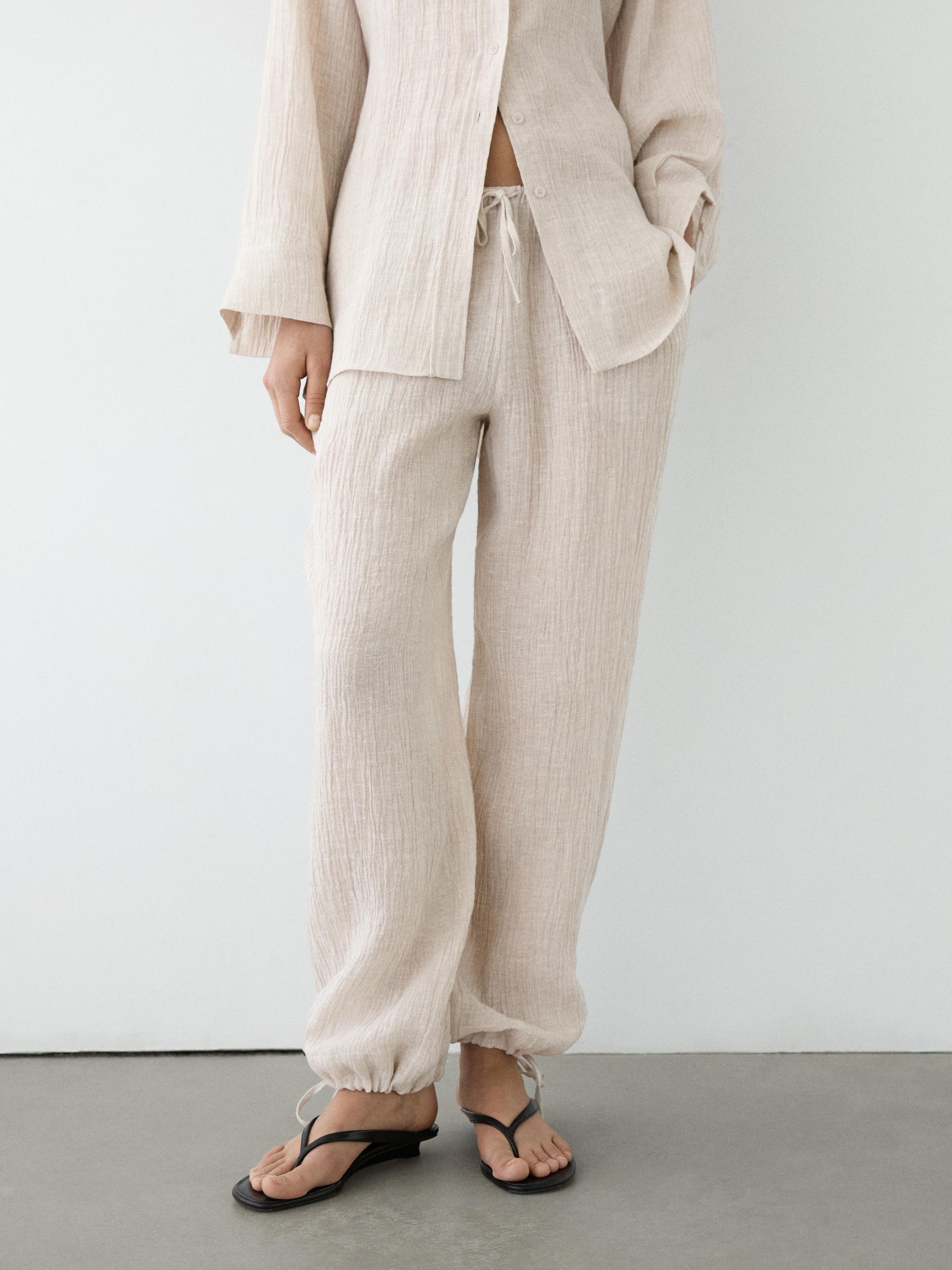 100% linen waffle-knit sarouel trousers — SAND