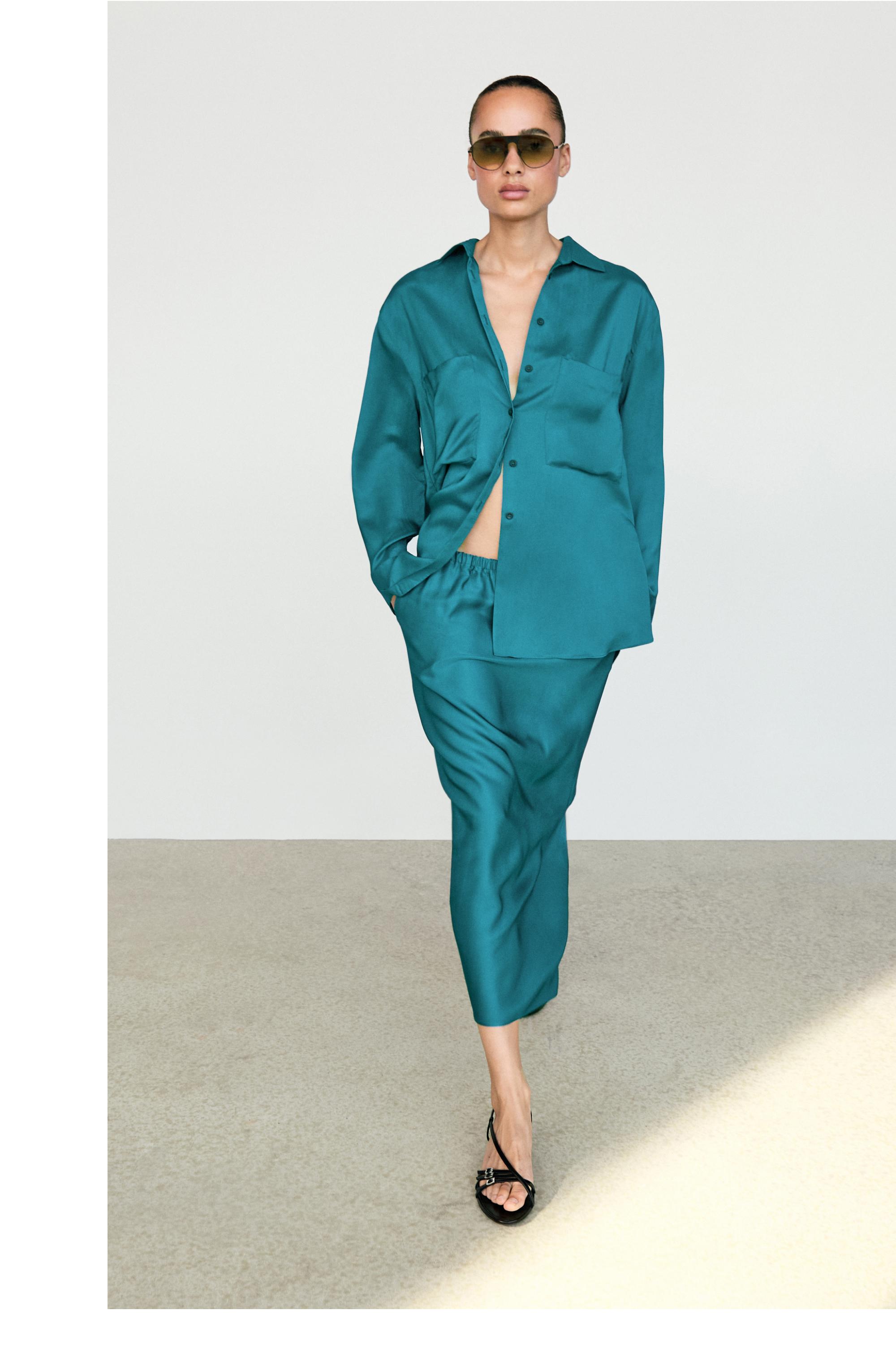 Flowing satin shirt with pockets — GREENISH BLUE