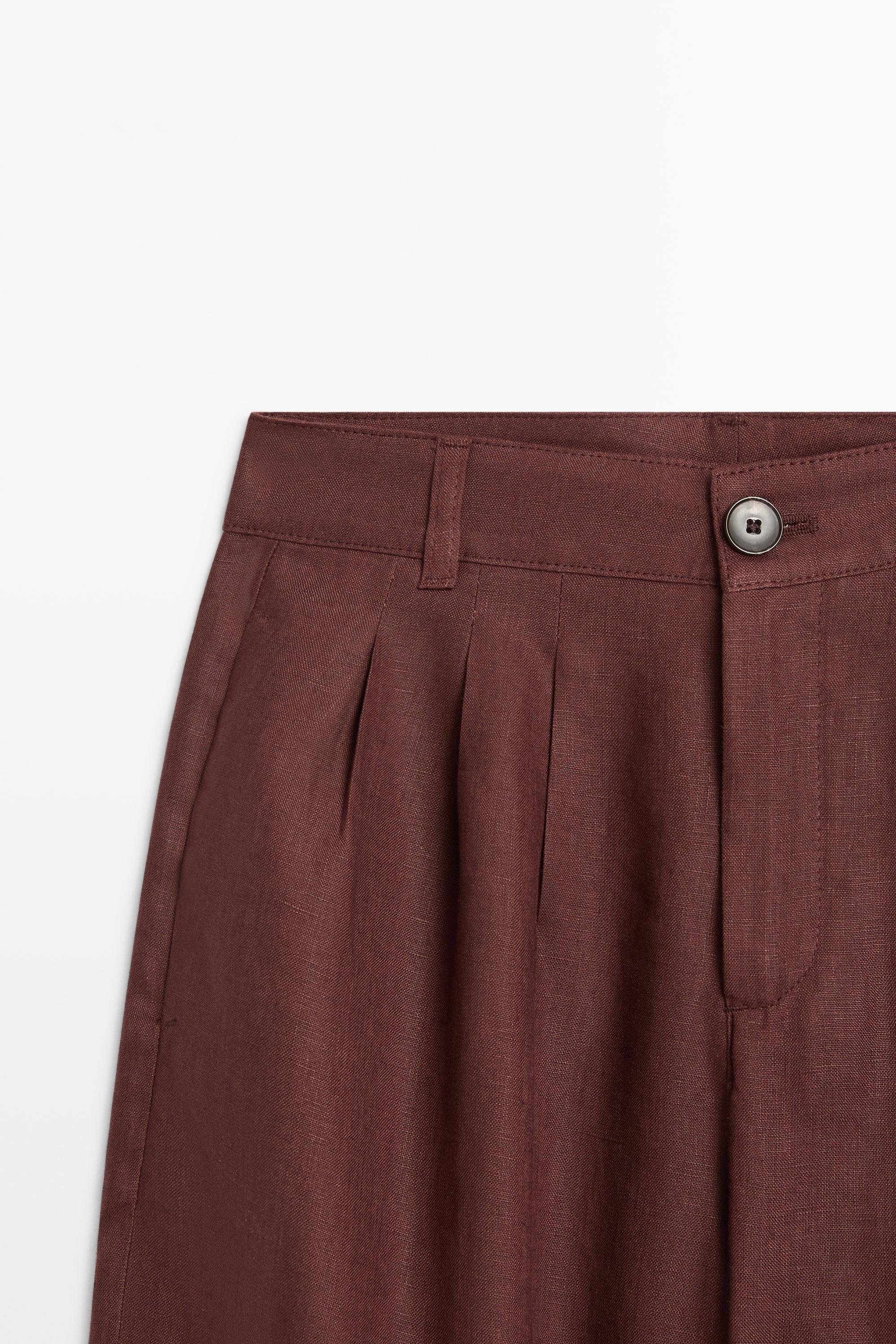 Wide-leg pleated linen trousers — TERRA COTA