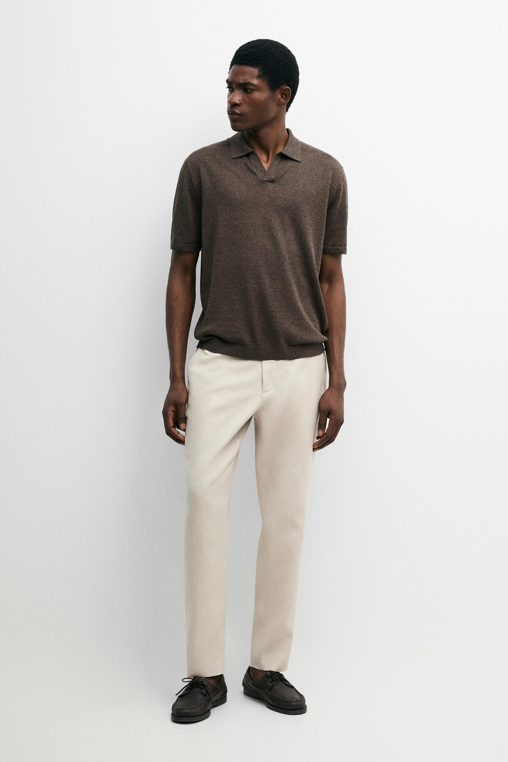 Linen blend V-neck polo shirt — BROWN