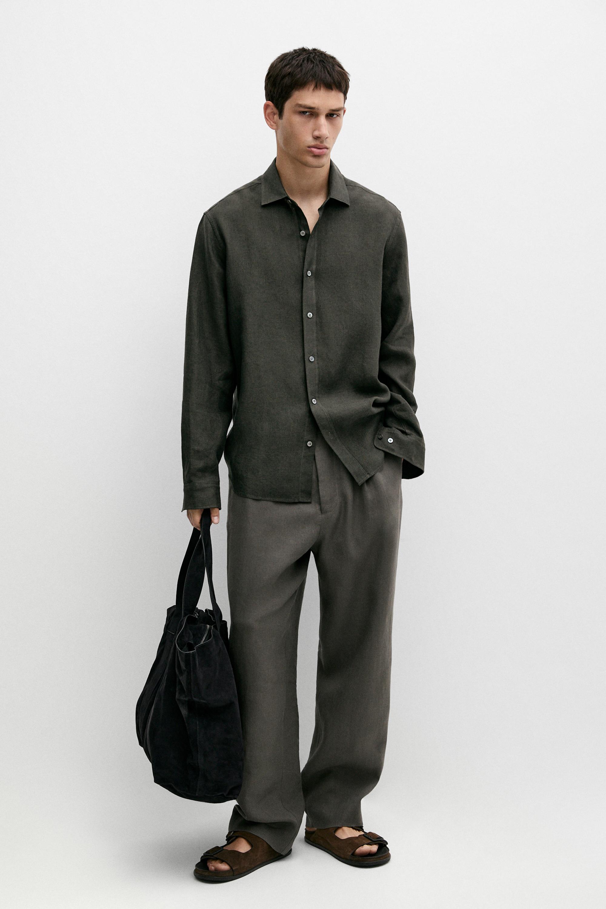 Regular fit 100% linen delavé shirt — GREEN