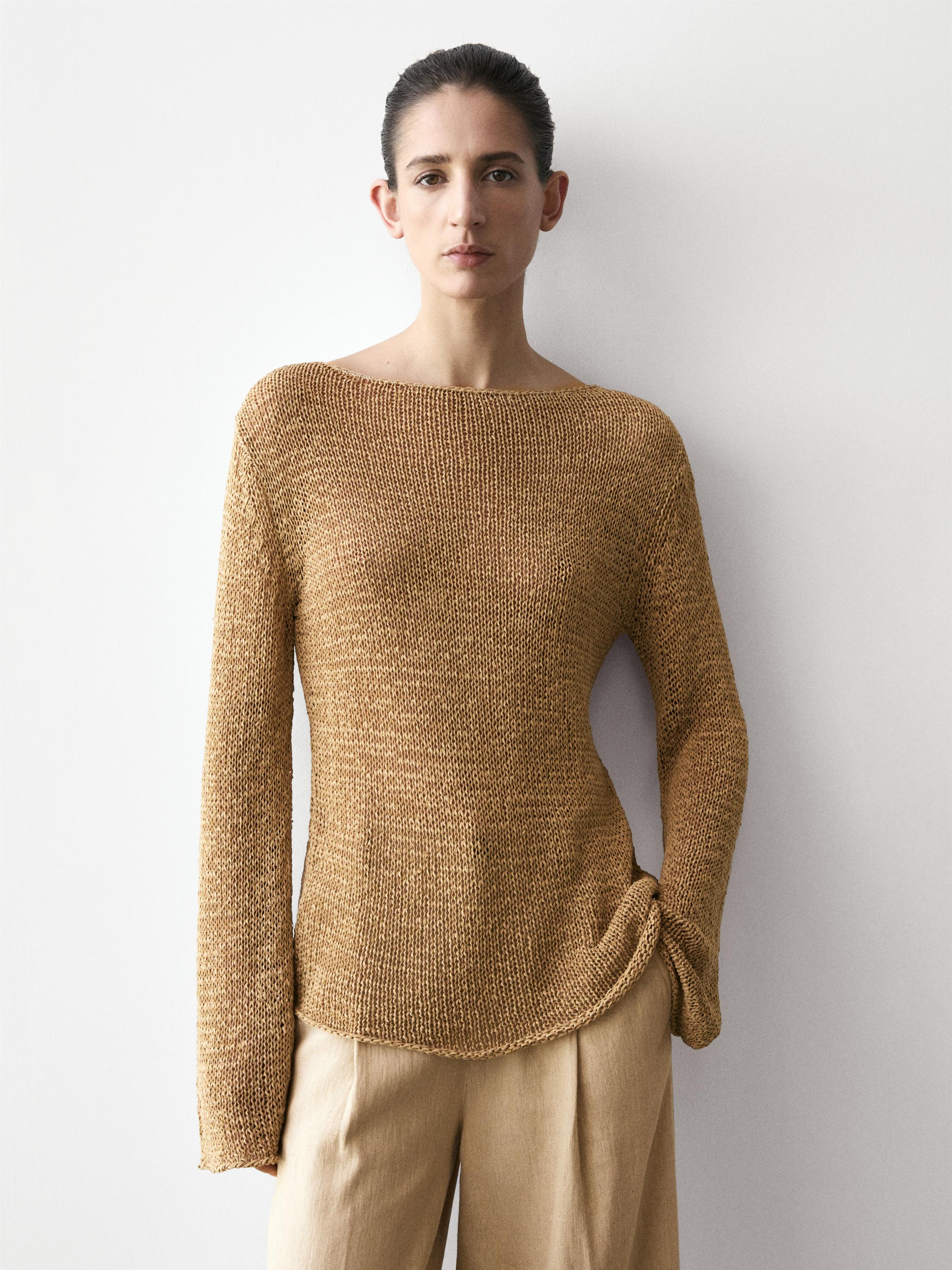 Cotton blend knit boat neck sweater — OCHRE